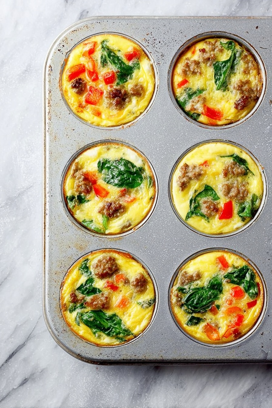Baked Egg Cups with Sausage and Spinach Recipe 8 A metal muffin tray holds six round egg muffins, each filled with visible layers of fluffy yellow eggs, green spinach leaves, reddish-orange bell pepper pieces, and small brown sausage chunks scattered on top and inside. The muffins are cooked with a slightly browned surface, with the vegetables and meat embedded in the eggs evenly across each cup. The tray sits on a white marbled surface, with light scratches and a rustic look. photo taken with an iphone --ar 2:3 --v 7 - Baked Egg Cups with Sausage and Spinach, Egg Cups with Sausage and Spinach, Healthy Breakfast Egg Bites, Protein-Packed Egg Muffins, Easy Make-Ahead Breakfast