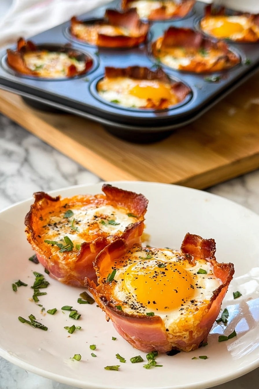 Ham and Egg Cups Recipe 8 The image shows two mini egg and ham cups on a white plate with small green herb pieces scattered around. Each cup has three visible layers: the bottom and sides are made of crispy, golden-brown ham forming a cup shape; inside is a white, mostly cooked egg layer with some soft, shiny melted cheese on top; the final layer is a sunny yellow egg yolk, slightly cooked, covered with black pepper and herbs. Behind the plate, there is a black metal muffin tray with more cups still inside it on a wooden board, all placed on a white marbled surface. Photo taken with an iphone --ar 2:3 --v 7 - Ham and Egg Cups, Ham and Egg Cups recipe, Breakfast Egg Cups, Easy breakfast muffins, protein-packed breakfast ideas