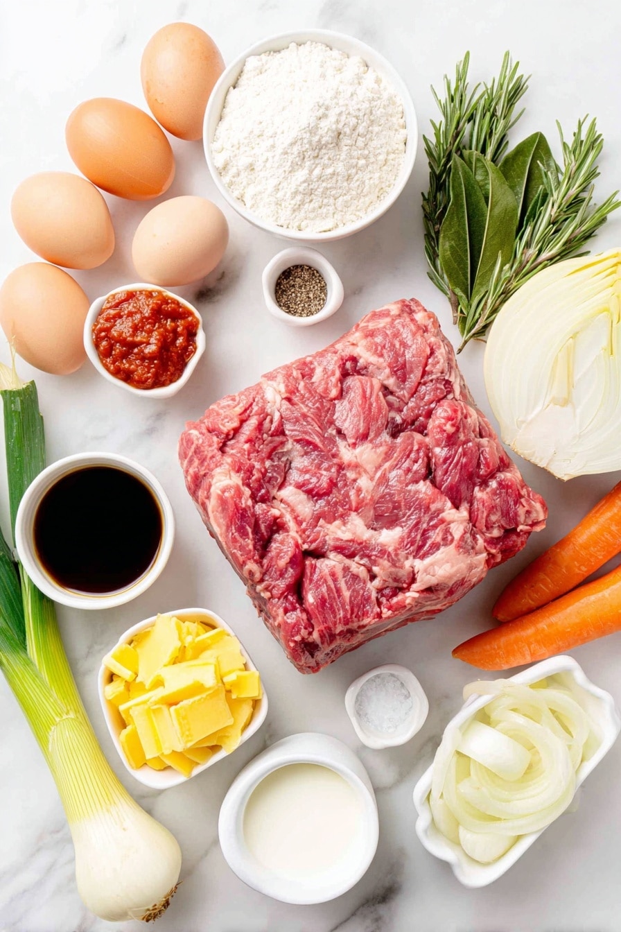 Flat lay of fresh cubed chuck steak, a small mound of self-rising flour, two whole uncracked brown eggs with clean shells, two large peeled and finely diced onions, sliced white parts of two fresh leeks, five bright orange sliced carrots, four pale sliced parsnips, two glossy green bay leaves, one fresh rosemary sprig, a small pile of chopped fresh parsley, two whole unpeeled garlic cloves, a small white ceramic bowl of thick red tomato paste, a small white ceramic bowl of dark balsamic vinegar, a small white ceramic bowl of deep brown soy sauce, a small white ceramic bowl of rich beef stock, a small white ceramic bowl of creamy plain yogurt, a small white ceramic bowl of grated pale Parmesan cheese, small white ceramic bowls of salt and black pepper, all arranged symmetrically and balanced, placed on a clean white marble surface, soft natural light, photo taken with an iPhone, professional food photography style, fresh ingredients, white ceramic bowls, no bottles, no duplicates, no utensils, no packaging --ar 2:3 --v 7 --p m7354615311229779997 - Slow Cooker Beef Stew with Dumplings, hearty beef stew recipes, easy slow cooker dinner ideas, comfort food recipes, family-friendly stews