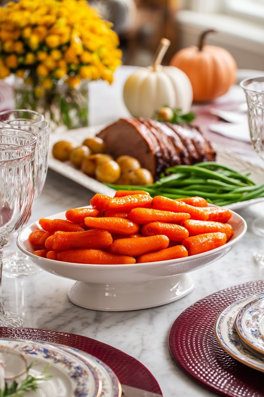 Slow Cooker Maple Glazed Carrots Recipe 8 A white pedestal dish filled with a large pile of shiny, cooked baby carrots in bright orange color is placed at the center of a dining table. Behind it, a tray holds a sliced roasted meat with a browned crust, green beans, and small round potatoes on the side. The table is covered with a white tablecloth over a white marbled surface and set with white plates with a blue and gold rim on top of burgundy textured chargers. There are clear glass goblets and silver cutlery neatly arranged around the plates. Blurred yellow flowers in a vase and small pumpkins decorate the background. Photo taken with an iphone --ar 2:3 --v 7 - Slow Cooker Maple Glazed Carrots, maple glazed carrots, easy vegetable side dish, holiday carrot recipes, tender carrot side dish