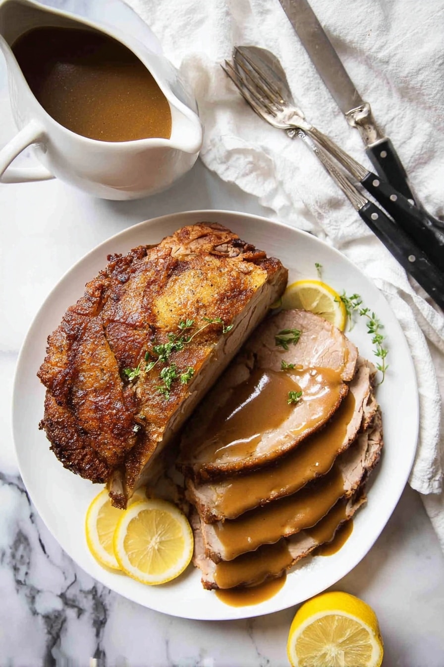 Juicy Slow Cooker Turkey Breast Recipe 6 A white plate holds several thin slices of light brown cooked meat laid in a slightly overlapping fashion. A thick, smooth medium brown sauce is being poured from above onto the meat, creating a small pool on top. Behind the sliced meat is a larger, vertical piece of the same meat showing its light interior and browned crust on top. To the back left on the plate, two small wedges of bright yellow lemon add a fresh touch. The plate sits on a white marbled surface with a soft, white cloth slightly visible in the background. photo taken with an iphone --ar 2:3 --v 7 - Juicy Slow Cooker Turkey Breast, easy turkey dinner recipe, tender turkey breast, slow cooker turkey ideas, holiday turkey recipe