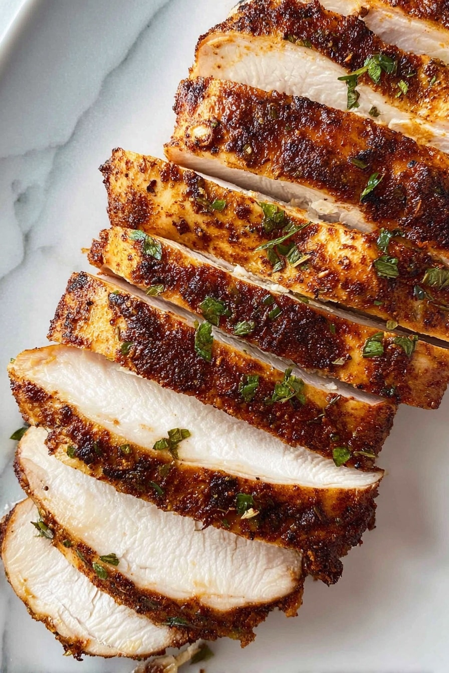 Slow Cooker Turkey Breast Recipe 8 The image shows a close-up of seven slices of cooked chicken arranged side by side on a white marbled surface. Each slice has a golden-brown, crispy outer layer with a slightly charred texture, while the inside is tender and white. Small green herb bits are sprinkled over the chicken, adding a fresh touch of color. The slices are evenly cut and slightly separated, showing the juicy interior clearly. Photo taken with an iphone --ar 2:3 --v 7 - Slow Cooker Turkey Breast, Turkey Breast Recipe, Juicy Turkey Breast, Easy Holiday Turkey, Tender Slow Cooker Turkey