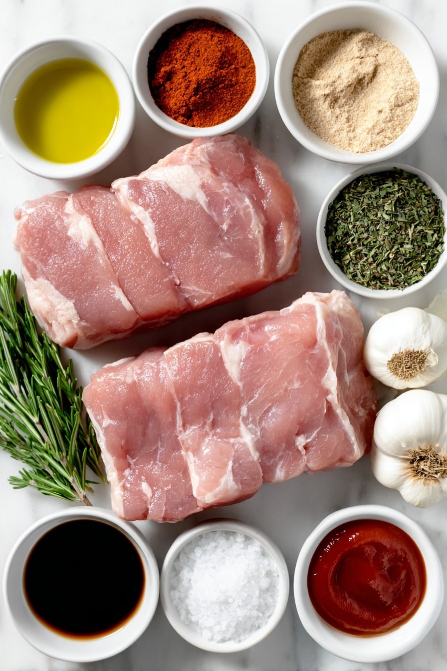 Juicy Pork Tenderloin Roast Recipe 7 Flat lay of two raw pork tenderloins with smooth pinkish meat and a thin layer of fat, a small white bowl of golden olive oil, a small white bowl filled with bright red-orange paprika powder, a small white bowl containing pale beige garlic powder, a small white bowl holding light tan onion powder, a small white bowl of dried green thyme leaves, a small white bowl of dried rosemary sprigs, a small white bowl of coarse salt crystals, a small white bowl of freshly ground black pepper, four fresh garlic cloves with papery white skin, a small white bowl of amber honey, a small white bowl of vibrant red Sriracha sauce, a small white bowl of dark brown soy sauce, a small white bowl of smooth pale yellow Dijon mustard, all arranged symmetrically on a clean white marble surface, soft natural light, photo taken with an iPhone, professional food photography style, fresh ingredients, white ceramic bowls, no bottles, no duplicates, no utensils, no packaging --ar 2:3 --v 7 --p m7354615311229779997 - Juicy Pork Tenderloin Roast, pork tenderloin dinner, easy pork roast recipe, tender pork loin, flavorful pork roast