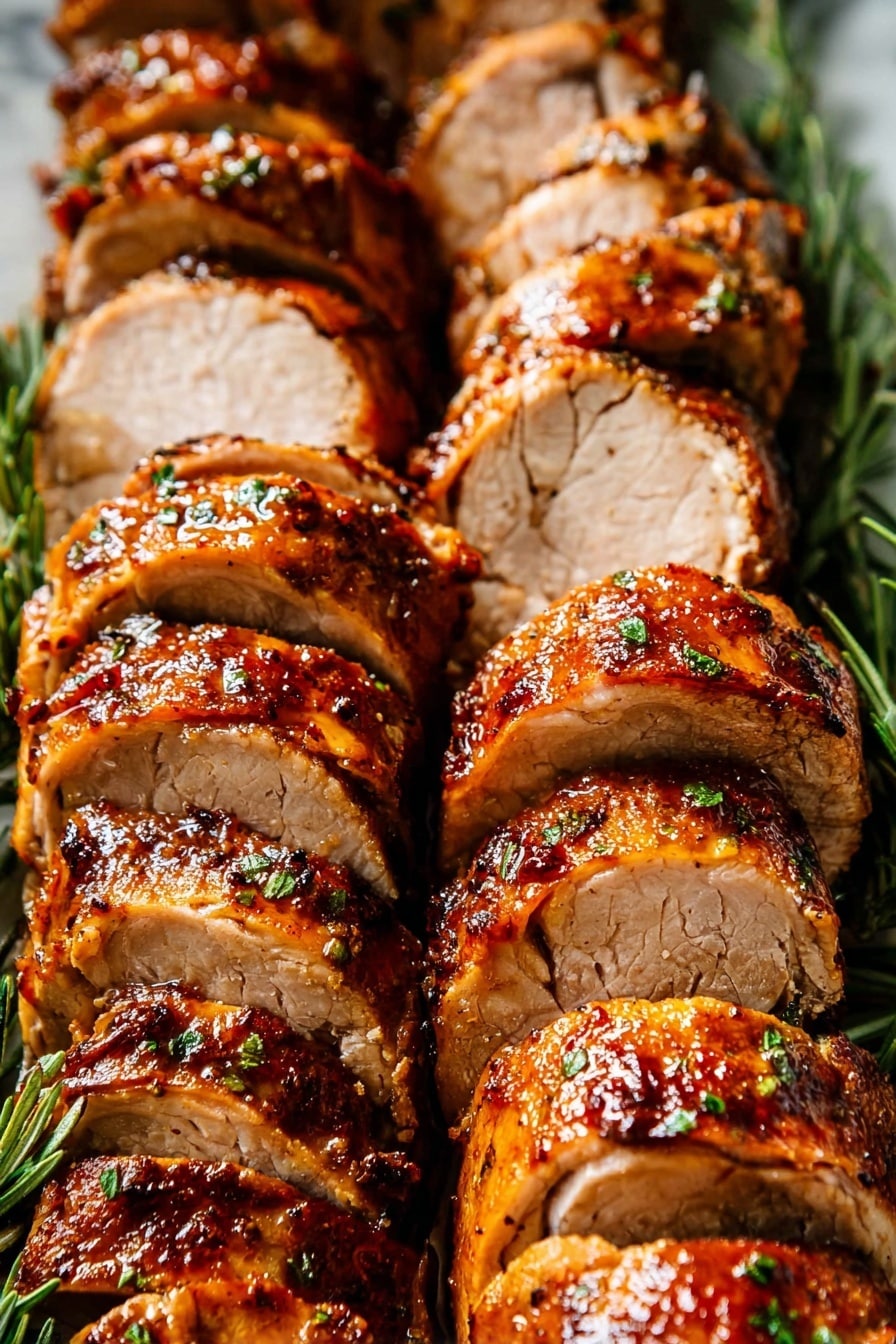 Juicy Pork Tenderloin Roast Recipe 8 The image shows several rows of thick, round slices of roasted meat, with a golden-brown, slightly crispy outer layer and a juicy light brown inside. Each slice has small green herb bits sprinkled on top, giving a fresh look. The slices are tightly arranged in two parallel lines on a bed of green rosemary sprigs, adding a natural touch. The white marbled background highlights the rich, warm colors of the meat and herbs. photo taken with an iphone --ar 2:3 --v 7 - Juicy Pork Tenderloin Roast, pork tenderloin dinner, easy pork roast recipe, tender pork loin, flavorful pork roast