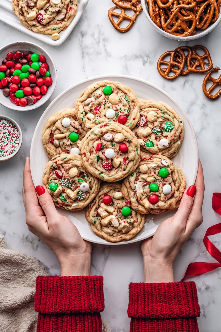 A white plate filled with about ten round cookies, each cookie featuring a mix of red and green candy-coated chocolates, white chocolate chips, red and green sprinkles, and small pieces of pretzels embedded in the golden-brown dough. The cookies overlap slightly, showing a textured surface with colorful bits all around. A woman's hands wearing a red sweater with red nail polish hold the plate on both sides. Around the plate, on a white marbled surface, there are a few loose pretzels and three small white bowls—one filled with brown pretzels, another with red and green candy-coated chocolates, and the last with white chocolate chips. A red ribbon lies near the woman's right wrist. photo taken with an iphone --ar 2:3 --v 7 - Christmas Kitchen Sink Cookies, holiday cookie recipes, festive cookies with mix-ins, easy Christmas cookies, colorful holiday treats