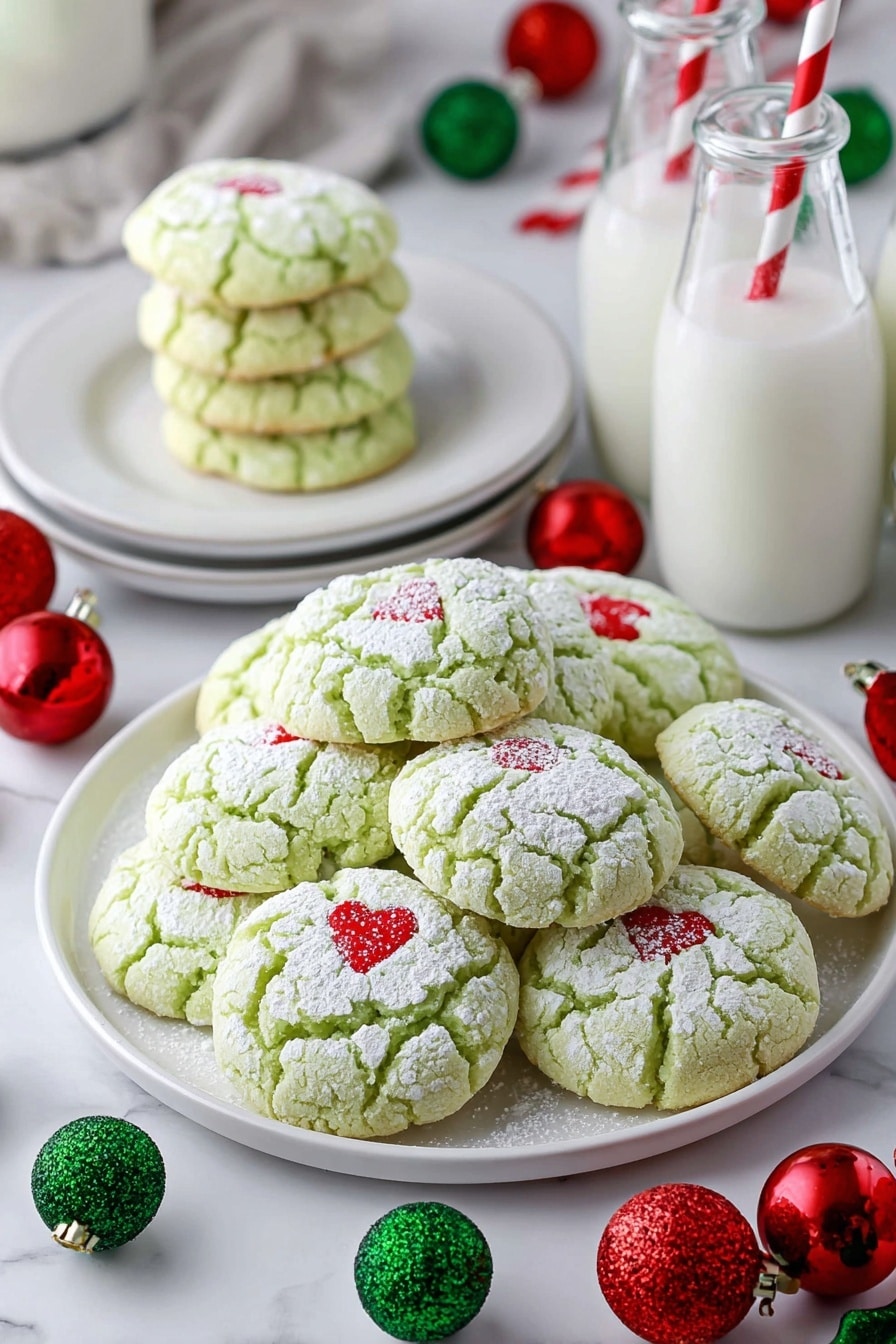 Grinch Peppermint Cookies Recipe 8 The image shows a large white plate full of light green cookies with cracked surfaces dusted with white powdered sugar. Each cookie has a tiny red heart decoration in the center. Behind the main plate, there is a white plate with more cookies stacked on it. The scene is set on a white marbled surface scattered with red and green Christmas ornaments and red-striped straws. Two glass bottles of milk with red-striped straws are visible in the background, adding to the festive look. Photo taken with an iphone --ar 2:3 --v 7 - Grinch Peppermint Cookies, festive holiday cookies, green peppermint cookies, Christmas treats, peppermint cookie recipes