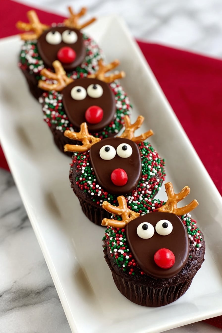 Rudolph Cupcakes with Candy Eyes and Pretzel Antlers Recipe
