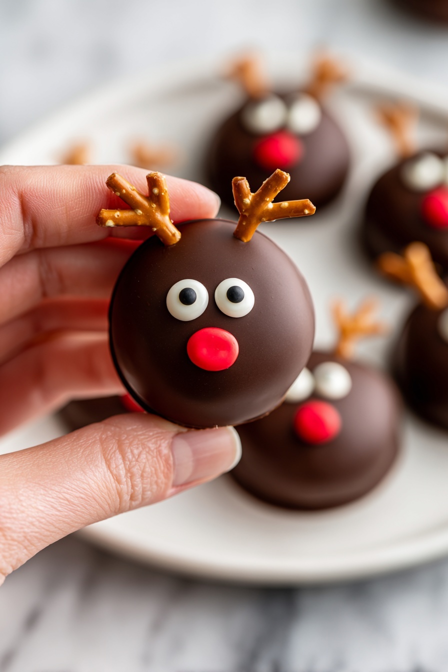 Seven round chocolate donuts are arranged in a circle on a white plate with a white marbled background. Each donut is covered with shiny dark chocolate glaze. They have two small white candy eyes placed near the top and a single red candy nose in the center. Thin pretzel sticks are inserted on both sides of each donut, looking like reindeer antlers. The donuts are evenly spaced, forming a neat ring. photo taken with an iphone --ar 2:3 --v 7 - Chocolate Frosted Reindeer Donuts, festive holiday donuts, cute reindeer donut decorations, easy holiday donut recipe, Christmas donut ideas