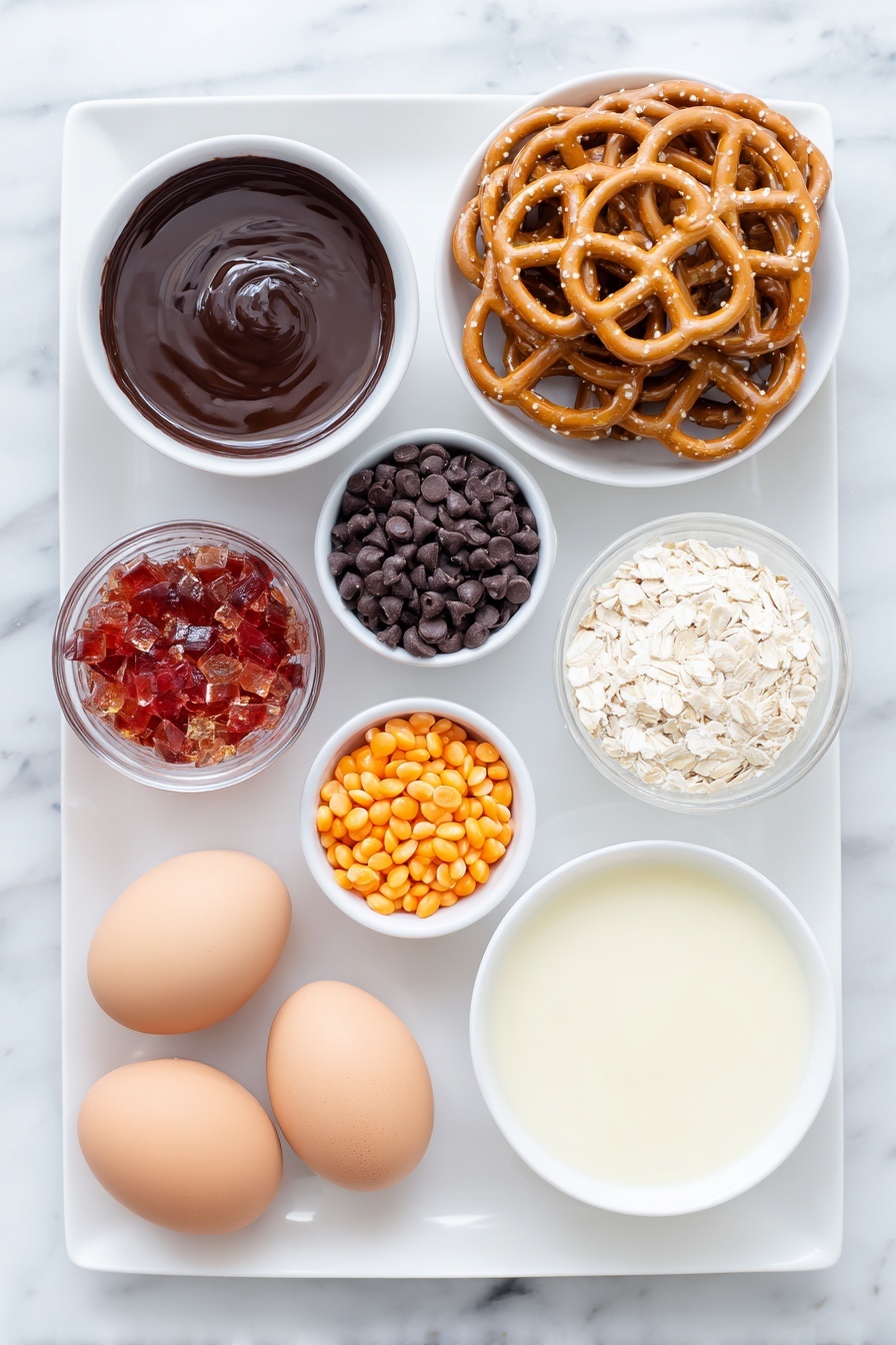 Easy White Chocolate Pretzel Snowmen Recipe 7 Flat lay of a small bowl of smooth red candy melts, a few glossy fruit roll strips in red and orange hues, a small bowl of melted white chocolate, a neat stack of golden pretzel rings, a small white bowl filled with tiny dark mini chocolate chips, a small white bowl with bright orange candy-coated sunflower seeds, two whole brown eggs with clean shells, and a fine black food coloring marker pen, all arranged with perfect symmetry on a simple white ceramic plate and bowls, placed on a clean white marble surface, soft natural light, photo taken with an iPhone, professional food photography style, fresh ingredients, white ceramic bowls, no bottles, no duplicates, no utensils, no packaging --ar 2:3 --v 7 --p m7354615311229779997 - White Chocolate Pretzel Snowmen, Easy Holiday Snack, Festive Pretzel Treats, Christmas Party Snacks, Cute Winter Desserts