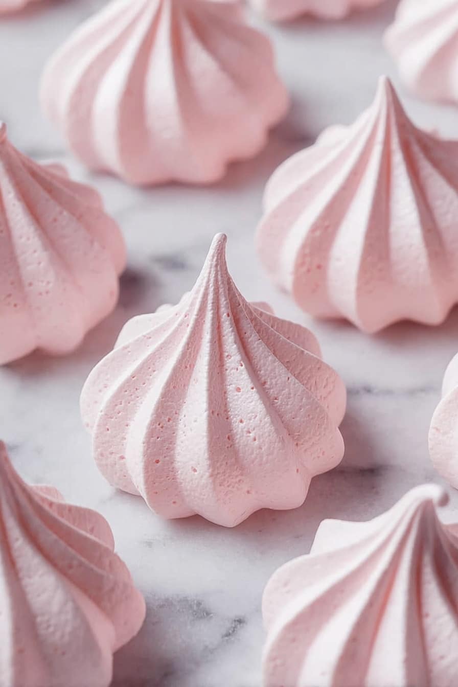 The image shows several small, light pink meringue cookies arranged on a white marbled surface. Each meringue has a swirl shape with a pointed tip at the top, and the texture looks smooth with soft ridges running from the base to the peak. The meringues are evenly spaced, giving a neat and delicate look. The light shines evenly on the cookies, highlighting their soft pastel pink color and smooth, airy texture. photo taken with an iphone --ar 2:3 --v 7 - Easy Vanilla Meringue Cookies, vanilla meringue cookies, light meringue treats, homemade meringue, delicious vanilla cookies