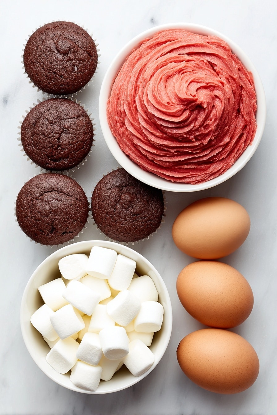 Flat lay of a dozen plain chocolate cupcakes arranged symmetrically, a smooth mound of vibrant red frosting piled high on one, a small white ceramic bowl filled with bright red frosting, a simple white ceramic bowl holding mini marshmallows cut in half showing their fluffy white interior, and two whole uncracked brown eggs, all placed on a clean white marble surface, soft natural light, photo taken with an iPhone, professional food photography style, fresh ingredients, white ceramic bowls, no bottles, no duplicates, no utensils, no packaging --ar 2:3 --v 7 --p m7354615311229779997 - Santa Hat Cupcakes with Mini Marshmallows, festive holiday cupcakes, Christmas cupcakes recipe, cute holiday dessert ideas, easy Christmas cupcakes