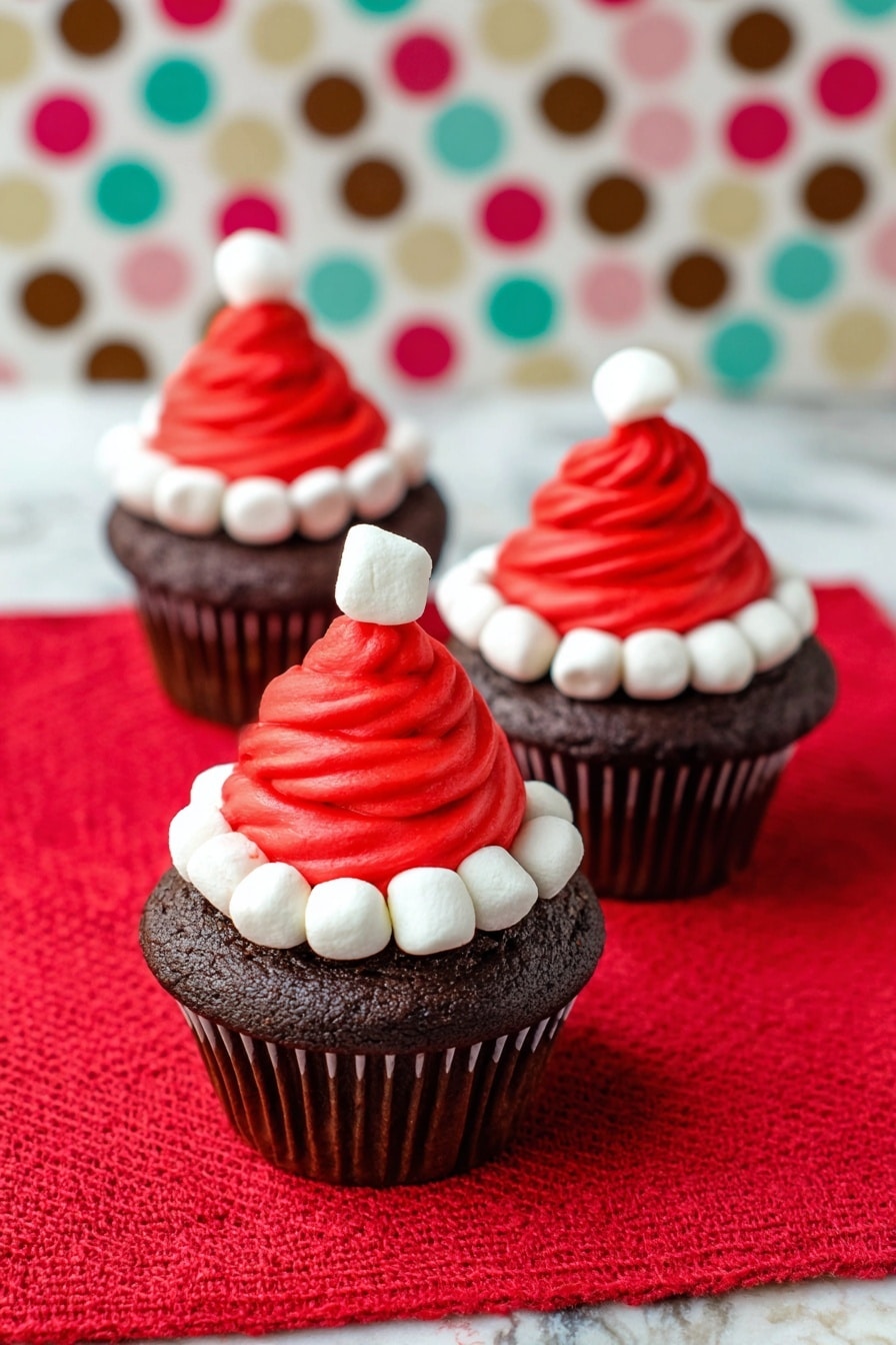 The image shows three chocolate cupcakes placed on a bright red textured cloth. Each cupcake has a base layer of dark brown chocolate cake with a ribbed texture from the cupcake liner. On top, there is a swirl of smooth, bright red frosting shaped like a Santa hat. Surrounding the base of the red frosting are small, white marshmallows forming a ring. Each swirl is finished with a single white marshmallow on the tip to complete the Santa hat look. The background has a white marbled surface with a colorful polka dot pattern in brown, red, pink, green, and yellow. photo taken with an iphone --ar 2:3 --v 7 - Santa Hat Cupcakes with Mini Marshmallows, festive holiday cupcakes, Christmas cupcakes recipe, cute holiday dessert ideas, easy Christmas cupcakes