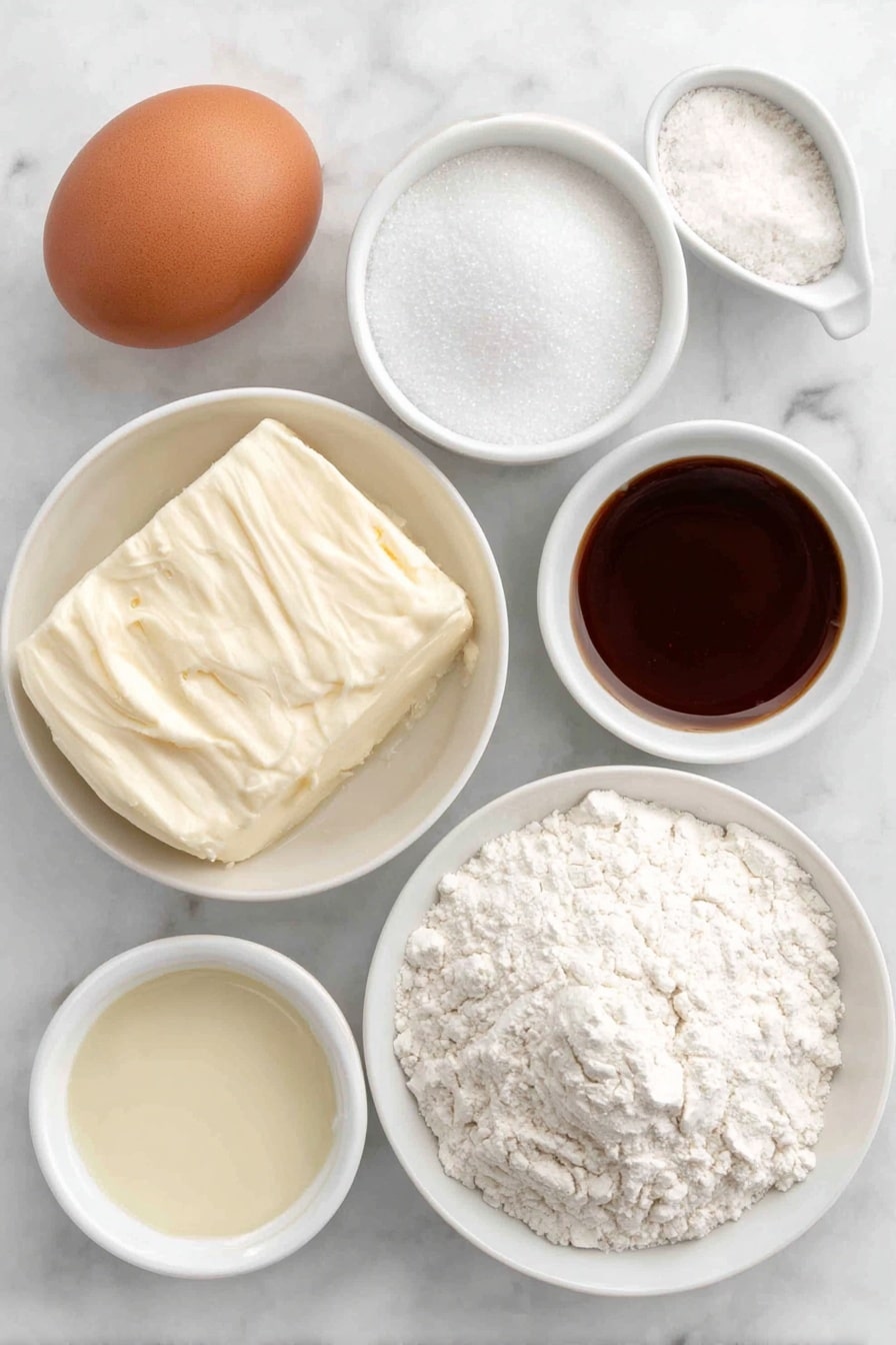 Baked Beignets with Powdered Sugar Recipe 7 Flat lay of a small white ceramic bowl of lukewarm water, a small white ceramic bowl of granulated sugar, a small white ceramic bowl with a teaspoon of active dry yeast, one large whole uncracked brown egg, a small white ceramic bowl with clear vanilla extract, a small white ceramic bowl of salt, a small white ceramic bowl of creamy evaporated milk, a small white ceramic bowl containing melted golden butter, a neat mound of fresh bread flour on a white ceramic plate, and a small white ceramic bowl filled with powdered sugar, placed on a clean white marble surface, soft natural light, photo taken with an iPhone, professional food photography style, fresh ingredients, white ceramic bowls, no bottles, no duplicates, no utensils, no packaging --ar 2:3 --v 7 --p m7354615311229779997 - Baked Beignets with Powdered Sugar, baked beignets, easy beignet recipe, New Orleans beignet alternative, homemade beignets