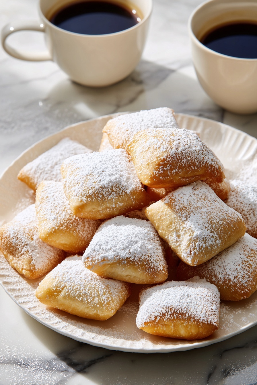 Baked Beignets with Powdered Sugar Recipe 8 A white plate is filled with a pile of small, golden-brown square dough pieces that look soft and fluffy, each generously dusted with white powder sugar on top. The dough pieces are stacked unevenly, creating a three-layered mound in the middle of the plate. The plate sits on a white marbled surface with shadow details, and in the background, two white cups filled with dark coffee are partially visible. The light gives a soft and warm feeling, showing the texture of the dough and sugar clearly. photo taken with an iphone --ar 2:3 --v 7 - Baked Beignets with Powdered Sugar, baked beignets, easy beignet recipe, New Orleans beignet alternative, homemade beignets