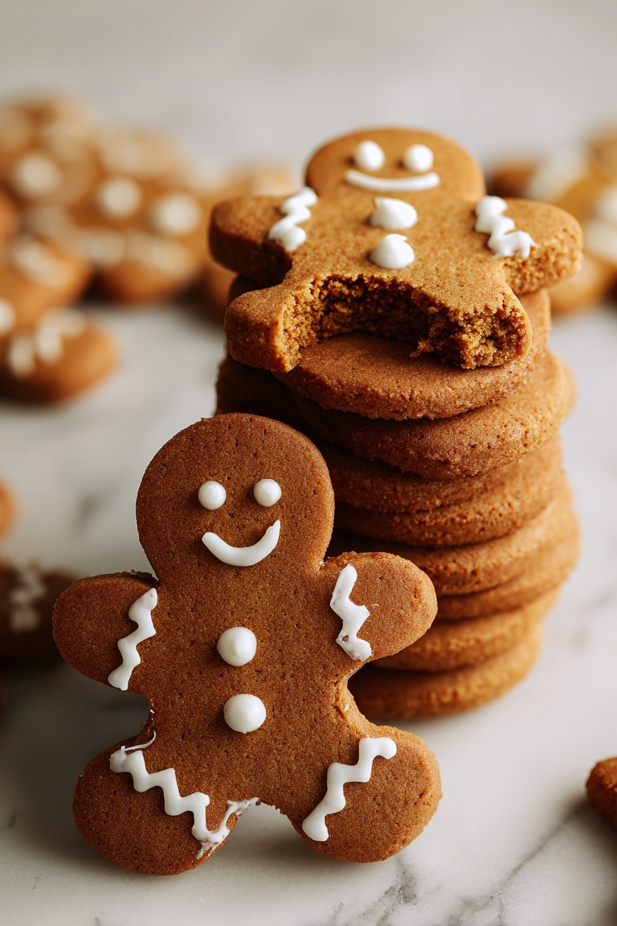 Best Gingerbread Cookies Recipe 6 The image shows a close-up of a stack of gingerbread cookies shaped like small people. The top cookie has a bite taken out of its right side, showing a dense brown inside with a slightly crumbly texture. Each cookie is decorated with simple white icing details: dots for eyes and buttons, curved lines for smiles, and zigzag lines on the arms and legs. The cookies are layered closely on a white marbled surface with warm lighting that highlights their golden brown color and the texture of the icing. photo taken with an iphone --ar 2:3 --v 7 - Gingerbread Cookies, Best Gingerbread Cookies, holiday cookie recipes, soft gingerbread cookies, easy gingerbread cookie recipe