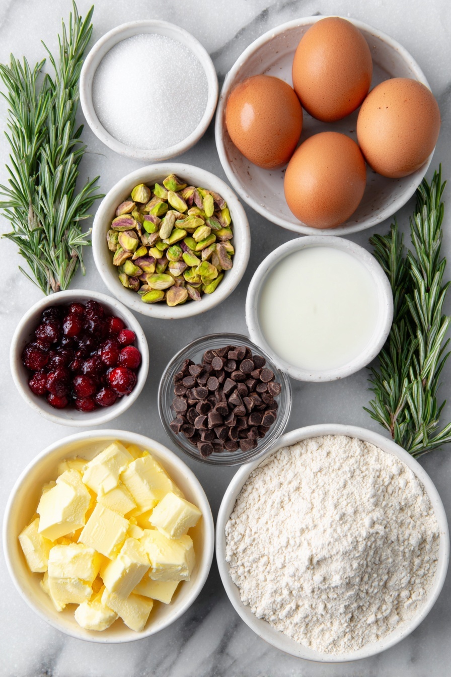 Chocolate Yule Log Cake Recipe 7 Flat lay of four whole brown eggs with clean shells, a small white bowl of granulated sugar, a small white bowl of packed light brown sugar, a few fresh rosemary sprigs with varying lengths, a small white bowl of raw shelled pistachios, a small white bowl of Dutch-process cocoa powder, a small white bowl of all-purpose flour, a few fresh bright red cranberries, a small white bowl of finely chopped bittersweet chocolate, a small white bowl of powdered sugar, a small white bowl of cold heavy cream, a small white bowl of neutral oil, a small white bowl of vanilla extract, a small white bowl of instant espresso powder, and a small white bowl of kosher salt—all ingredients arranged in perfect symmetry on a simple white ceramic plate and bowls, placed on a clean white marble surface, soft natural light, photo taken with an iPhone, professional food photography style, fresh ingredients, white ceramic bowls, no bottles, no duplicates, no utensils, no packaging --ar 2:3 --v 7 --p m7354615311229779997 - Chocolate Yule Log Cake, festive chocolate log cake recipe, holiday Yule Log dessert, how to make a Yule Log cake, chocolate dessert ideas for Christmas