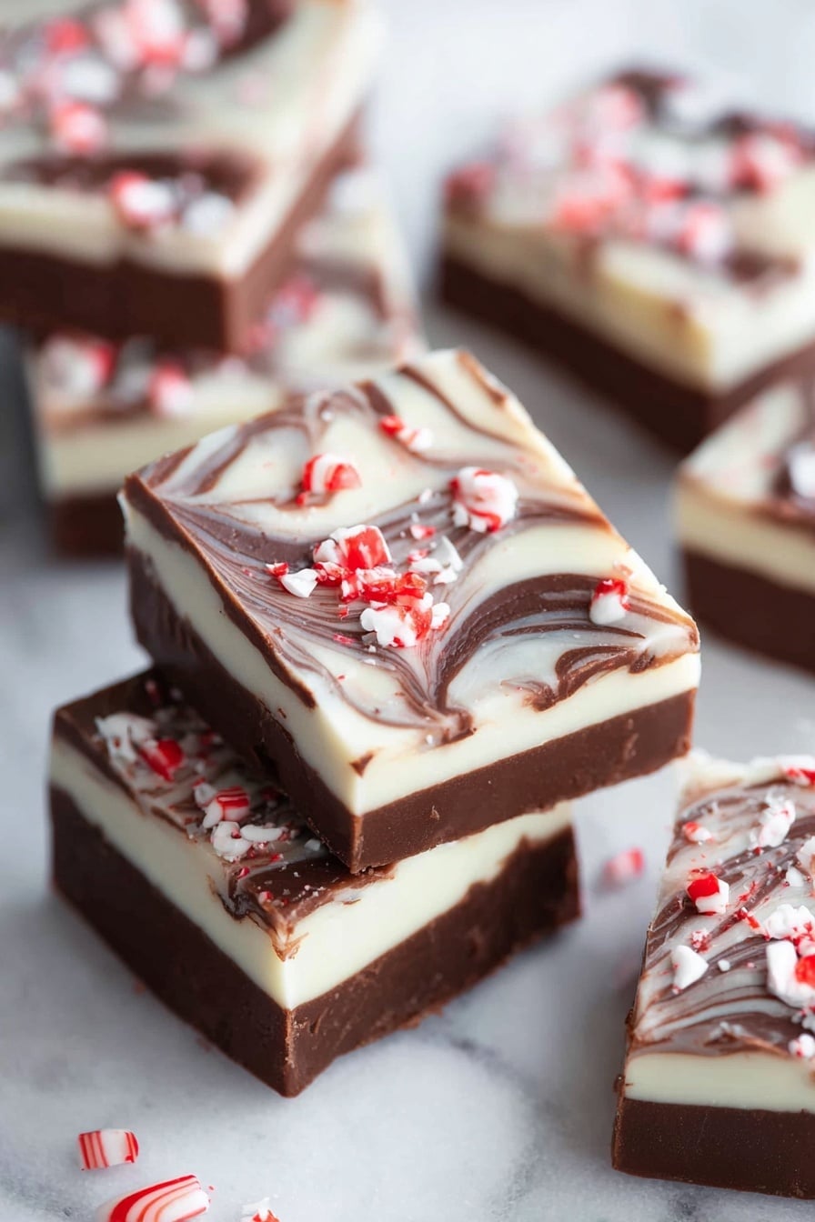 Double Chocolate Peppermint Fudge Recipe 6 The image shows a close-up of square dessert bars on a white marbled surface. Each bar has three visible layers: a dark brown base that looks dense and fudgy, a middle creamy white layer, and a top layer with a mix of white and dark brown swirls creating a marbled effect. Small red and white peppermint candy pieces are scattered on top of the bars. The dessert pieces are arranged in a slightly scattered way in the background. photo taken with an iphone --ar 2:3 --v 7 - Double Chocolate Peppermint Fudge, peppermint chocolate fudge, holiday fudge recipes, Christmas fudge ideas, festive chocolate treats