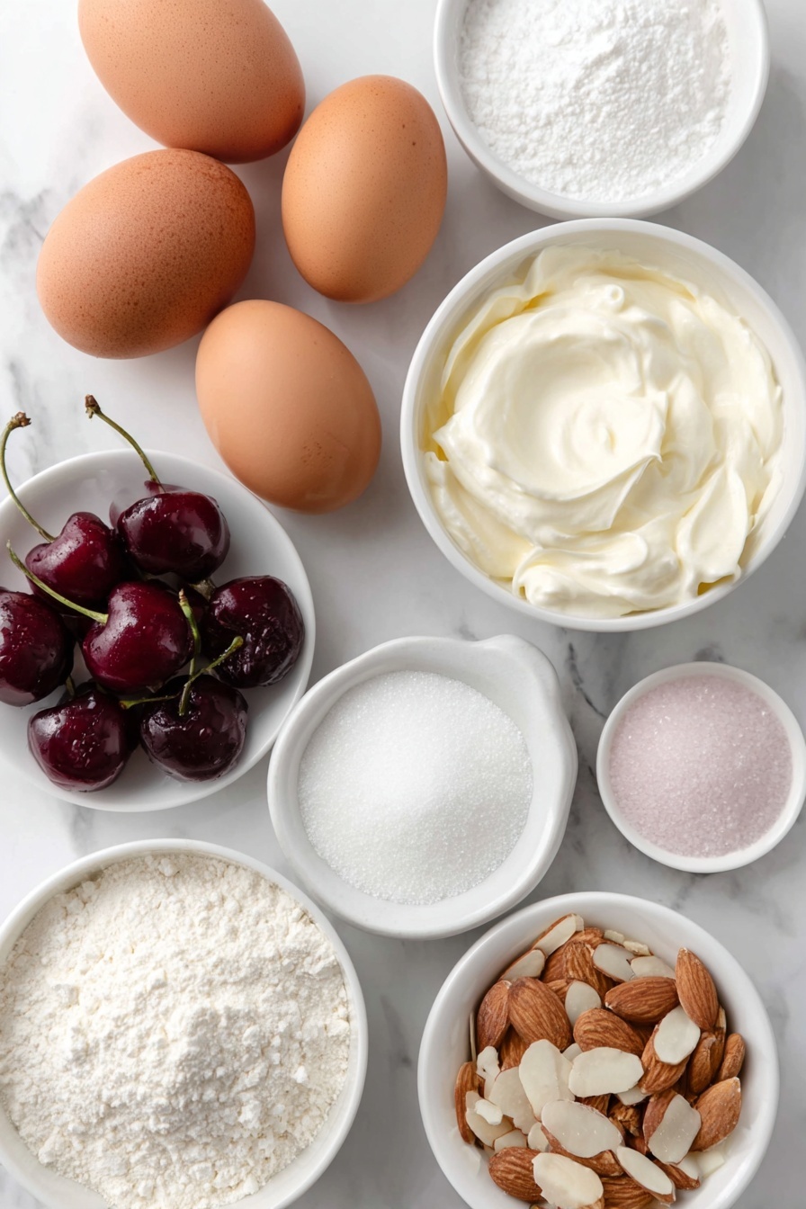 Cherry Mascarpone Pavlova Roulade Recipe 7 Flat lay of four whole large brown eggs with clean shells, a small white ceramic bowl of smooth mascarpone cheese, a small white ceramic bowl filled with fresh full cream, a small white ceramic bowl of fine white icing sugar, a small white ceramic bowl of fine castor sugar, a small white ceramic bowl holding white vinegar, a small white ceramic bowl containing fine cornflour, a small white ceramic bowl of vanilla paste, a cluster of fresh ripe red cherries with stems, a small white ceramic bowl of sliced almonds, and a small white ceramic bowl of extra dusted icing sugar, all arranged with perfect symmetry on a clean white marble surface, soft natural light, photo taken with an iPhone, professional food photography style, fresh ingredients, white ceramic bowls, no bottles, no duplicates, no utensils, no packaging --ar 2:3 --v 7 --p m7354615311229779997 - Cherry Mascarpone Pavlova Roulade, elegant dessert with cherries and mascarpone, light pavlova roulade, easy cherry pavlova dessert, festive pavlova recipes