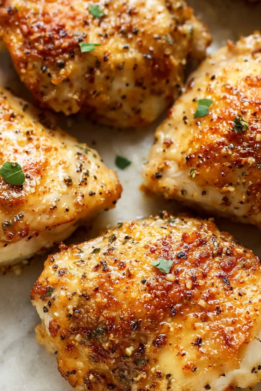 Close-up view of four pieces of golden brown cooked chicken on a white marbled surface. The chicken has a textured outer layer with small herbs and black pepper specks scattered across. The color ranges from light beige to darker brown where the chicken is crispier. Tiny green leaves are on some pieces, adding a fresh touch. The glossy surface shows slight oil shine, highlighting the cooked textures. Photo taken with an iphone --ar 2:3 --v 7 - Melt-In-Your-Mouth Baked Chicken Breast, juicy baked chicken breast, tender chicken breast recipe, cheesy baked chicken, easy baked chicken dinner