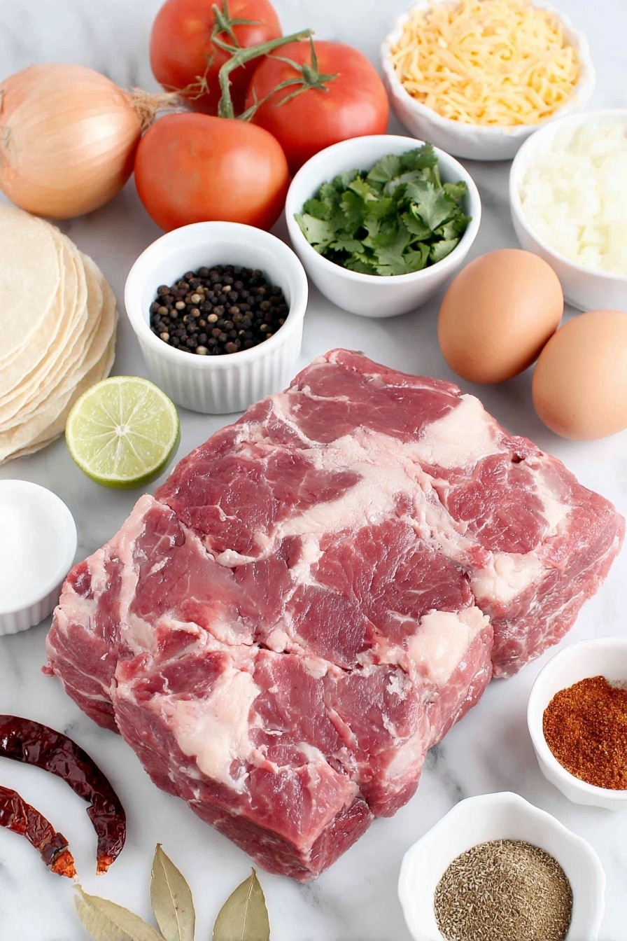 Flat lay of a fresh raw boneless chuck roast cut into large pieces, two whole brown eggs with clean shells, a small white ceramic bowl of black peppercorns, a small white bowl of cumin seeds, a small bowl of coriander seeds, six whole cloves arranged neatly, four fresh green bay leaves, several broken pieces of cinnamon stick, a quartered yellow onion, eight whole garlic cloves with papery skin intact, a small pile of dried deep red guajillo chiles without stems or seeds, a few dried ancho chiles similarly prepared, one dried deep red chili de arbol stemmed and seeded, four large ripe vine tomatoes cut roughly, a small white bowl of apple cider vinegar, a small white dish of granulated beef bouillon powder, a small white bowl of dried oregano, a small white bowl with mixed smoked paprika and dried thyme powders, one medium white onion sliced, a small bunch of fresh green cilantro sprigs, two fresh limes cut in halves, a pinch of coarse kosher salt crystals, a pile of unwrapped yellow corn tortillas stacked, and a portion of shredded stringy Oaxacan cheese—all placed on a clean white marble surface, soft natural light, photo taken with an iPhone, professional food photography style, fresh ingredients, white ceramic bowls, no bottles, no duplicates, no utensils, no packaging --ar 2:3 --v 7 --p m7354615311229779997 - Birria Tacos, flavorful birria tacos, Mexican birria tacos, tender beef tacos, spicy chili sauce tacos