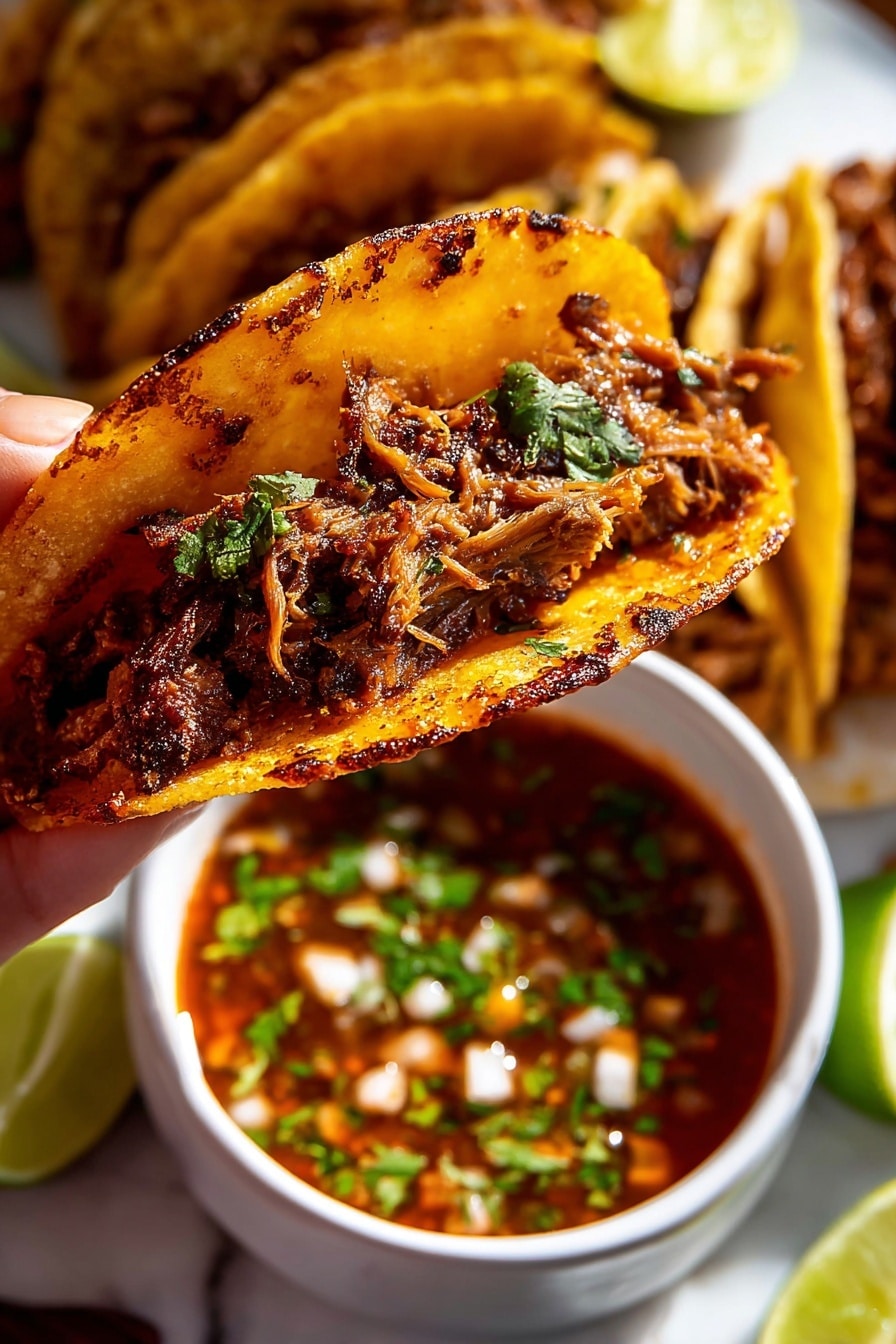 Authentic Birria Tacos with Rich Broth Recipe 6 A close-up shows a folded taco being held by a woman's hand, with a golden brown, slightly crispy tortilla. The taco is filled with dark, tender meat and melted orange-yellow cheese on top. Below, a white round bowl of rich red-brown sauce with small orange and dark pieces is catching a drip from the taco. In the blurred background, a white plate with more folded tacos is set on a white marbled surface. photo taken with an iphone --ar 2:3 --v 7 - Authentic Birria Tacos with Rich Broth, birria tacos recipe, Mexican birria tacos, homemade birria tacos, best birria tacos