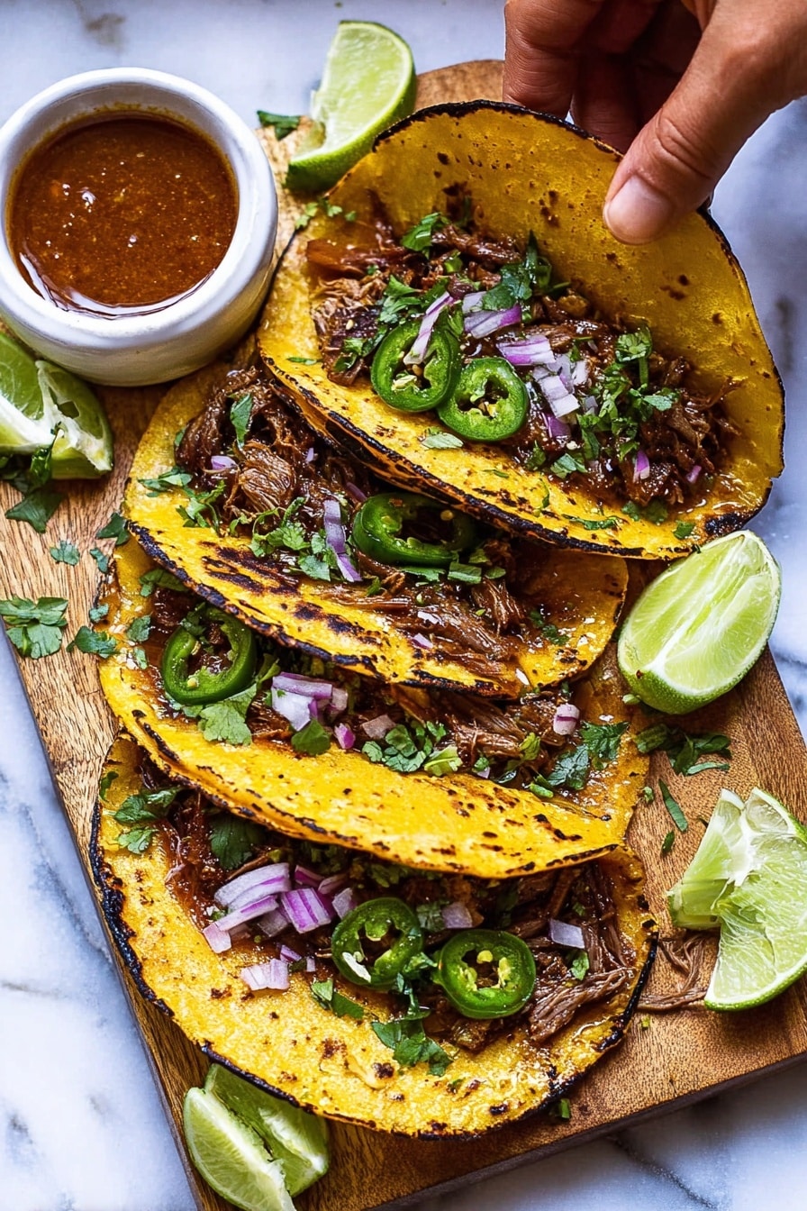 Authentic Mexican Birria Recipe 6 The image shows three tacos on a wooden board with a white marbled surface background. Each taco has two toasted corn tortillas, golden-yellow with dark char edges. Inside, there is a layer of dark shredded meat filling topped with green jalapeño slices, small chopped purple onions, and fresh green cilantro sprinkled over all. There are lime wedges placed around the tacos for garnish. A white bowl containing a reddish-brown sauce sits at the top left corner of the board. A woman's hand is holding the top taco, lifting the top tortilla. The scene is bright and colorful, showing a fresh and tasty meal. Photo taken with an iphone --ar 2:3 --v 7 - Authentic Mexican Birria, Mexican birria recipe, how to make birria, traditional Mexican stew, homemade birria tacos