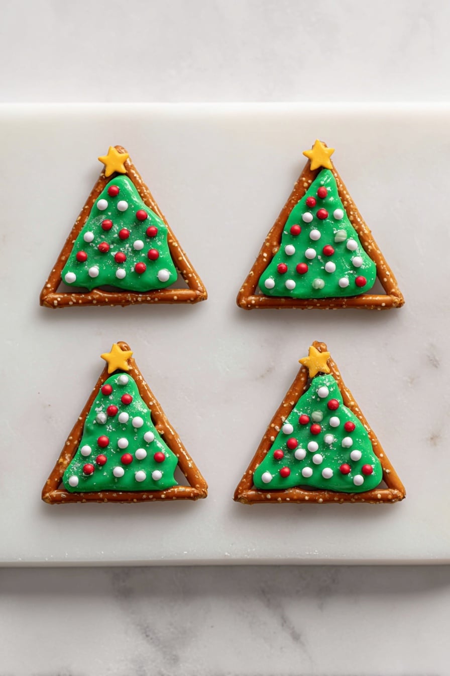 Four small triangle-shaped treats are evenly placed in a 2x2 grid on a white, marbled tray. Each treat has a pretzel frame forming the triangle edges in light brown and slightly shiny texture. Inside each triangle is a layer of smooth, green icing covering the area entirely. Red, white, and small white sprinkle balls are scattered on top of the green icing, creating a festive decoration, with one small yellow star sprinkle placed near the top point of each triangle. The overall look is clean and bright. Photo taken with an iphone --ar 2:3 --v 7 - Candy Melt Pretzel Christmas Trees, festive holiday treats, easy Christmas dessert recipes, kid-friendly holiday snacks, Christmas party dessert ideas
