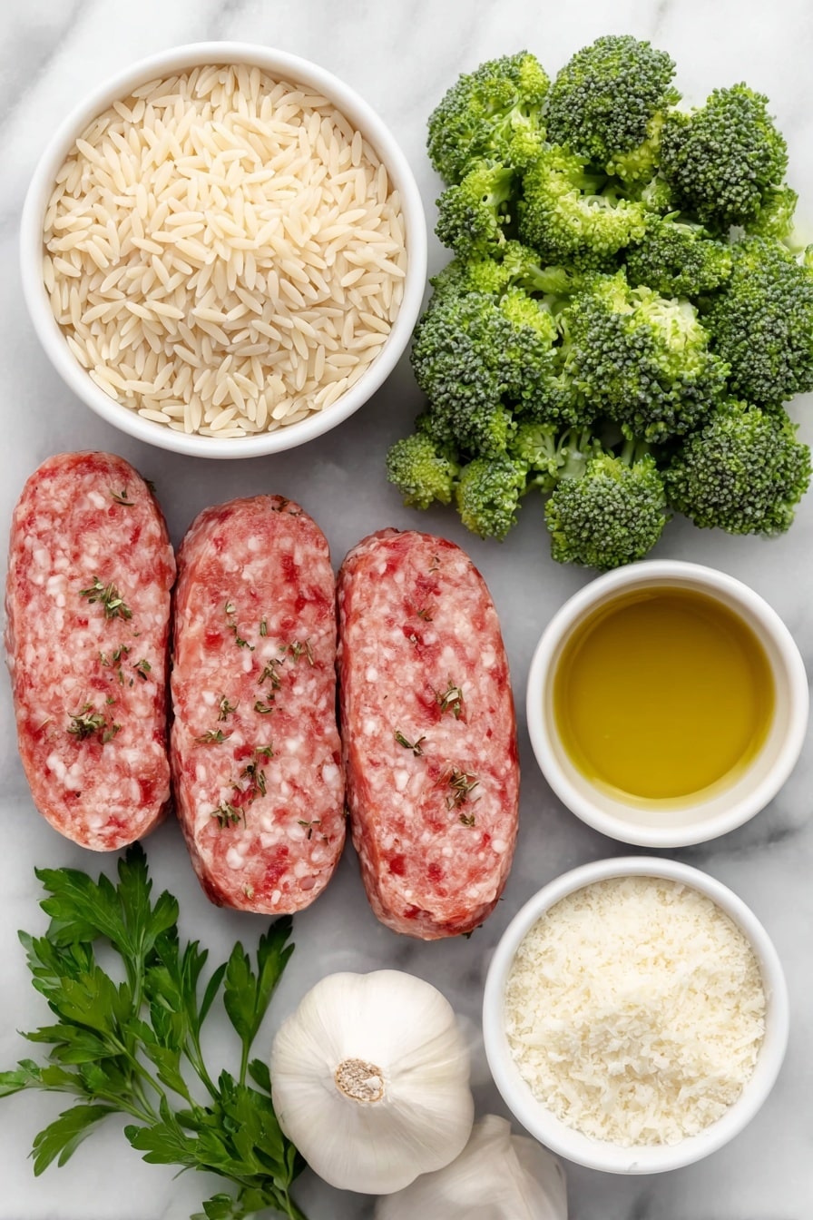Chicken Sausage Broccoli Orzo Recipe 7 Flat lay of a small mound of dry orzo pasta, a few thick slices of fresh chicken sausage with visible herbs, vibrant green broccoli florets, three whole uncracked garlic cloves, a handful of bright green fresh parsley sprigs, a small white ceramic bowl with golden olive oil, another small white bowl filled with finely grated Parmesan cheese, and a small white bowl containing mixed Italian seasoning spices, all arranged symmetrically and naturally placed on a clean white marble surface, soft natural light, photo taken with an iPhone, professional food photography style, fresh ingredients, white ceramic bowls, no bottles, no duplicates, no utensils, no packaging --ar 2:3 --v 7 --p m7354615311229779997 - Chicken Sausage Broccoli Orzo, healthy chicken sausage pasta, quick weeknight dinner recipes, easy broccoli orzo dish, one-pot chicken sausage meal