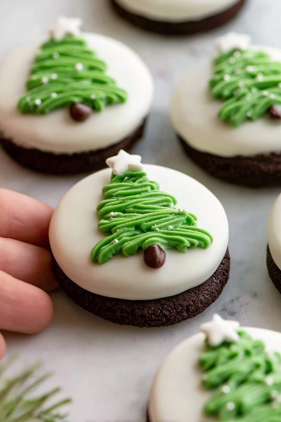 The image shows several chocolate sandwich cookies half covered with smooth white coating on a white marbled surface. Each cookie has a green icing shaped like a Christmas tree on the uncoated half with a small white star-shaped decoration on top of the tree. A woman's hand is gently holding one cookie from the bottom left corner of the image. The texture of the dark cookie contrasts with the glossy white coating and soft green icing, making the festive design stand out. Photo taken with an iphone --ar 2:3 --v 7 - Christmas Oreo Tree Cookies, festive holiday cookies, easy Christmas cookies, Christmas treat ideas, holiday baking recipes