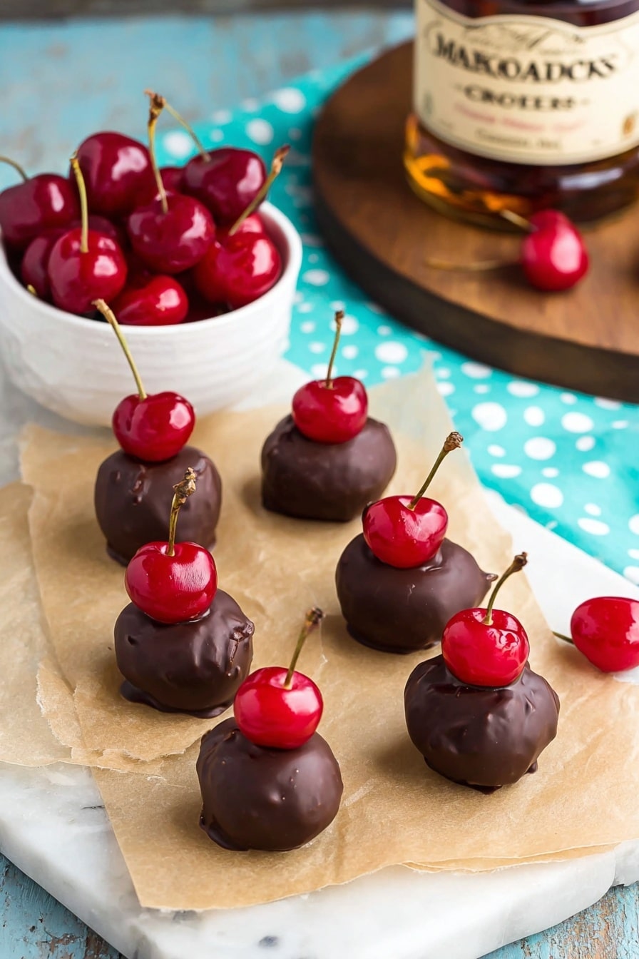 The image shows seven small chocolate balls laid on two pieces of light brown parchment paper, arranged in two uneven rows. Each chocolate ball is covered in smooth dark brown chocolate with a shiny red cherry placed on top, some cherries showing their stems. Two extra cherries with stems rest on the parchment paper near the chocolate balls. Behind the parchment paper, there is a small white bowl filled with bright red maraschino cherries with stems. Further back, a clear bottle with a beige label and dark brown wooden cap is placed on a round wooden board. The entire scene sits on a white marbled surface partially covered by a turquoise and white polka dot cloth. photo taken with an iphone --ar 2:3 --v 7 - Cherry Bourbon Balls, bourbon ball recipes, cherry chocolates, boozy holiday treats, chocolate dipped alcohol desserts