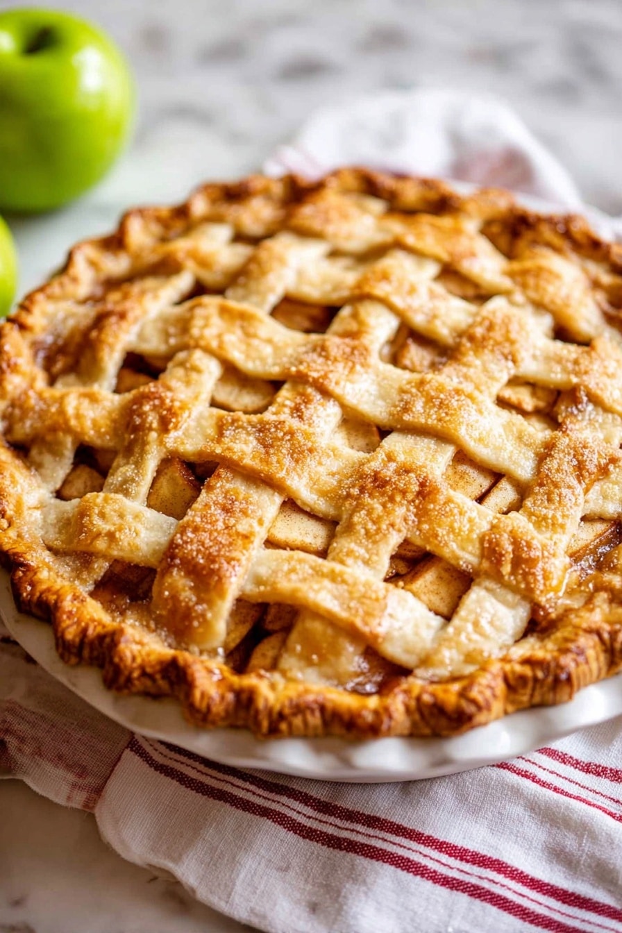 Classic Homemade Apple Pie Recipe 8 An apple pie with a lattice crust sits on a white plate, resting on a white marbled surface. The top crust is golden brown with a slightly bumpy texture, and the lattice pattern shows hints of the apple filling beneath, which is light brown and soft looking. The pie crust edge is thick and crimped securely around the pie dish. In the background, a green apple is slightly blurred, adding a fresh, bright green color. A white linen towel with red stripes is partially visible next to the pie. Photo taken with an iphone --ar 2:3 --v 7 - Classic Homemade Apple Pie, apple pie recipe, homemade apple pie, flaky pie crust, best apple pie tips
