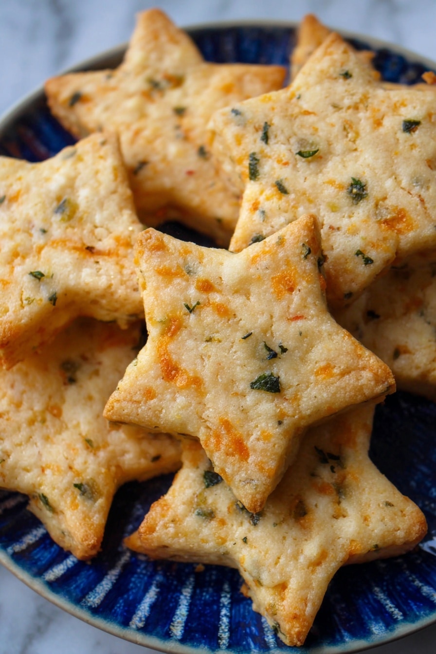 The image shows several star-shaped savory biscuits with a light golden brown crust, dotted with small bits of green herbs throughout. The biscuits have a slightly rough texture with visible small cheese pieces baked inside, giving an orange tint to some parts. They are stacked closely together on a white plate with a blue inner pattern, placed on a white marbled surface. The biscuits are thick and look crispy on the edges while soft in the center. Photo taken with an iphone --ar 2:3 --v 7 - Cheddar Basil Parmesan Crackers, homemade cheese crackers, savory herb crackers, crispy cheese snack, quick cheese cracker recipe