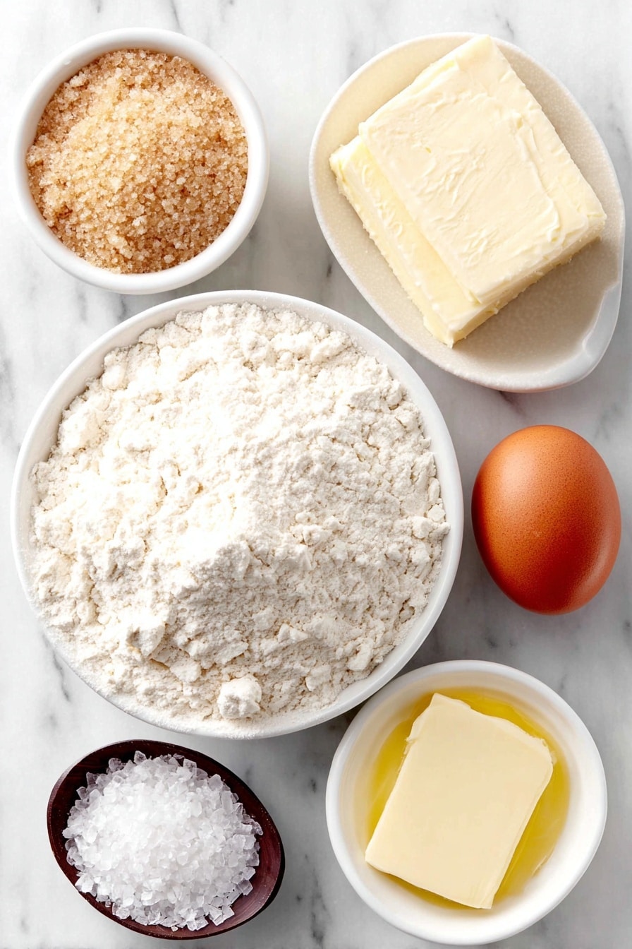 Easy Soft Pretzels Recipe 7 Flat lay of a small mound of pale off-white all-purpose flour, a small heap of light golden brown sugar crystals, a stick of soft pale yellow butter, a small white ceramic bowl filled with warm water, a tiny heap of fine white active dry yeast granules, a shallow white ceramic bowl with coarse sea salt crystals, a whole uncracked brown egg, and a small white ceramic bowl containing melted golden butter, all arranged symmetrically and balanced, placed on a clean white marble surface, soft natural light, photo taken with an iPhone, professional food photography style, fresh ingredients, white ceramic bowls, no bottles, no duplicates, no utensils, no packaging --ar 2:3 --v 7 --p m7354615311229779997 - Easy Soft Pretzels, soft pretzels recipe, homemade pretzels, quick pretzels, simple snack ideas