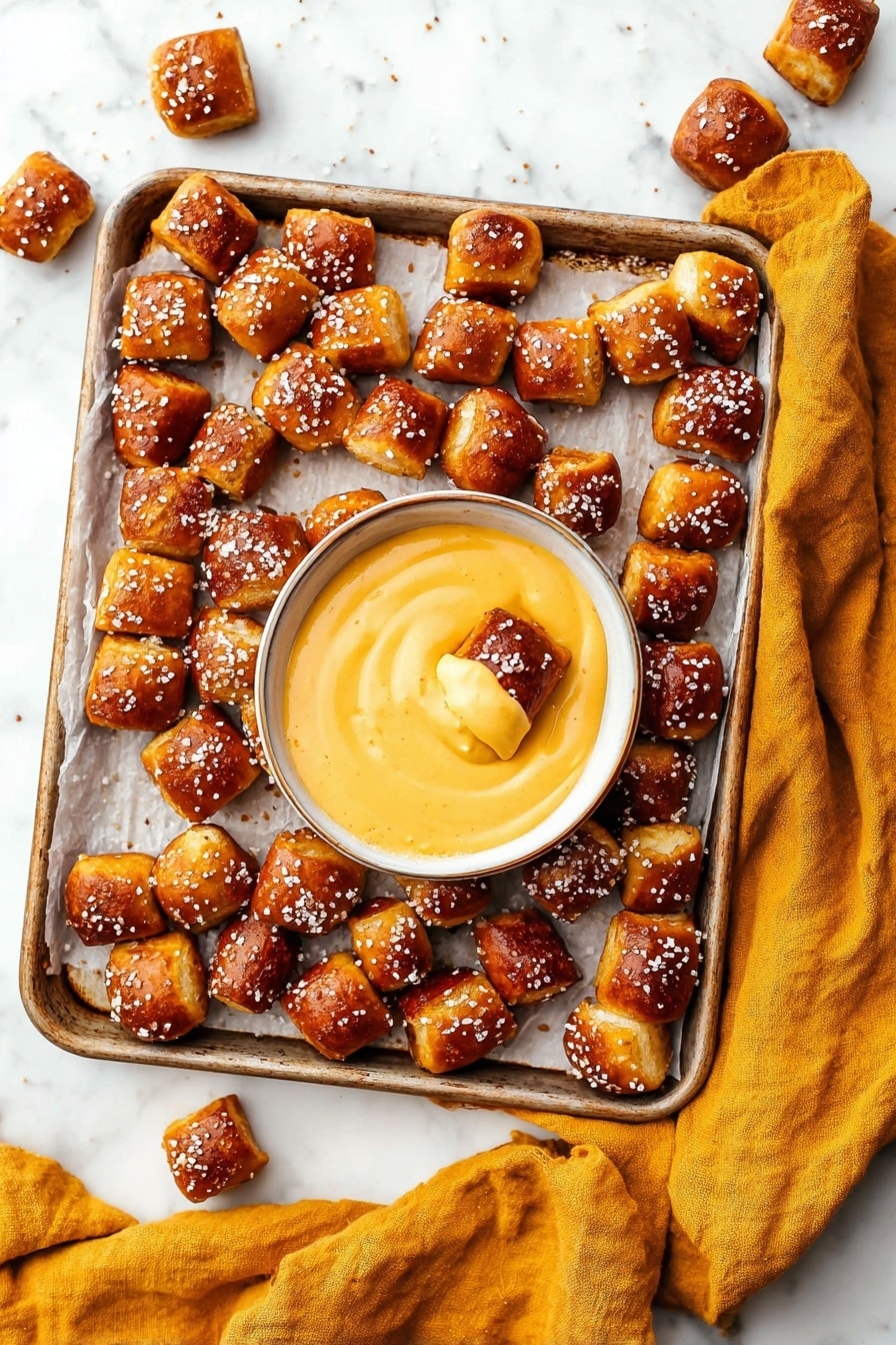 Soft Pretzel Bites Recipe 8 The image shows a metal baking tray lined with white parchment paper on a white marbled surface, filled with small, golden-brown pretzel bites topped with coarse salt. In the center of the tray sits a small round white bowl filled with a smooth, creamy yellow cheese sauce, with one pretzel bite partially dipped into it. The pretzel bites are evenly browned with a slightly shiny texture and are scattered across the tray as well as the marbled surface around it. A mustard yellow cloth lies beside the tray. The photo was taken with an iphone --ar 2:3 --v 7 - Soft Pretzel Bites, Soft Pretzel Bites Recipe, Chewy Pretzel Snacks, Baked Pretzel Bites, Easy Pretzel Bites