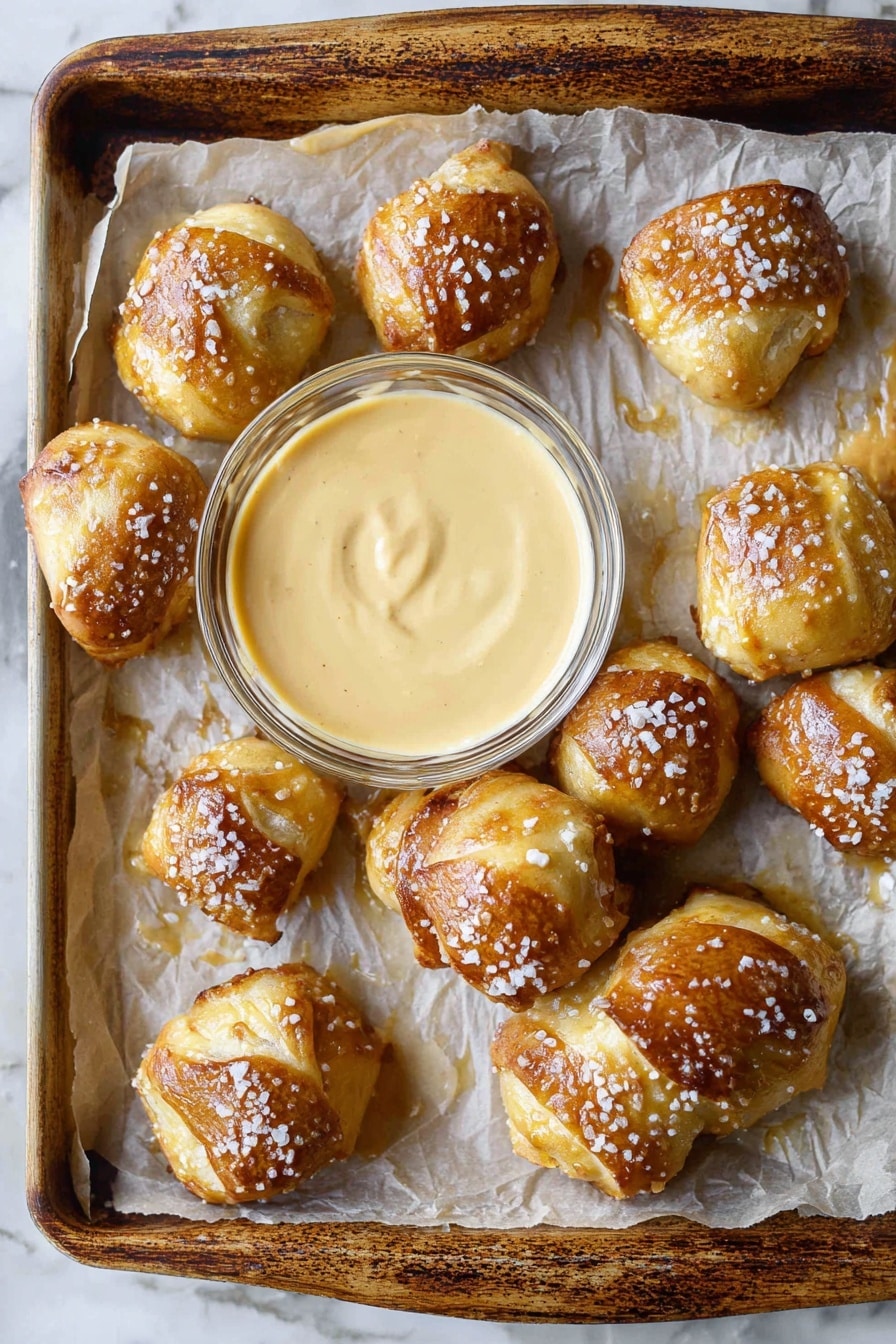The image shows a baking tray lined with parchment paper holding several golden-brown soft pretzel bites sprinkled with coarse salt. The pretzel bites are arranged loosely around a clear glass bowl filled with a creamy, light beige mustard sauce placed at the center of the tray. The pretzel bites have a shiny, slightly crispy texture on top, contrasting with their soft, thick sides. The tray rests on a white marbled surface with a rustic wooden edge visible at the top. Photo taken with an iphone --ar 2:3 --v 7 - Easy Soft Pretzel Bites, soft pretzel bites recipe, quick pretzel bites, homemade pretzel snacks, chewy pretzel bites