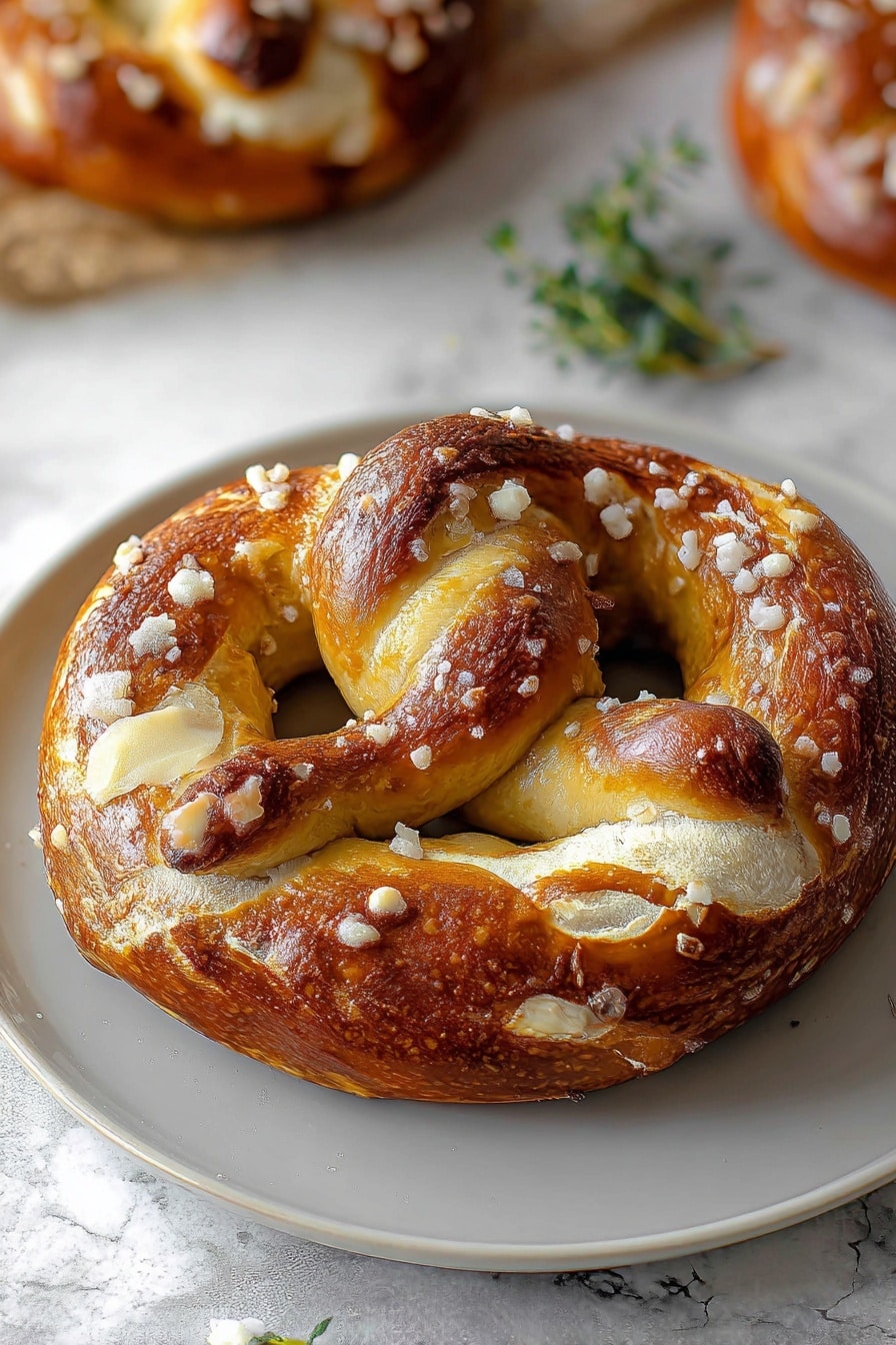 Mozzarella Stuffed Soft Pretzels Recipe 6 A single soft pretzel sits curled on a white plate, with its thick golden-brown outer layer showing a shiny, slightly crisp texture. Large salt crystals and melted cheese patches are scattered on top, giving it a rough and flaky look. The inside dough is lighter, visible where the pretzel twists and stretches, showing a soft, fluffy texture. The plate rests on a white marbled surface with another pretzel blurred in the background. A small green herb sprig adds a touch of color nearby. photo taken with an iphone --ar 2:3 --v 7 - Mozzarella Stuffed Soft Pretzels, cheesy soft pretzels, stuffed pretzel recipes, easy pretzel snacks, homemade mozzarella pretzels