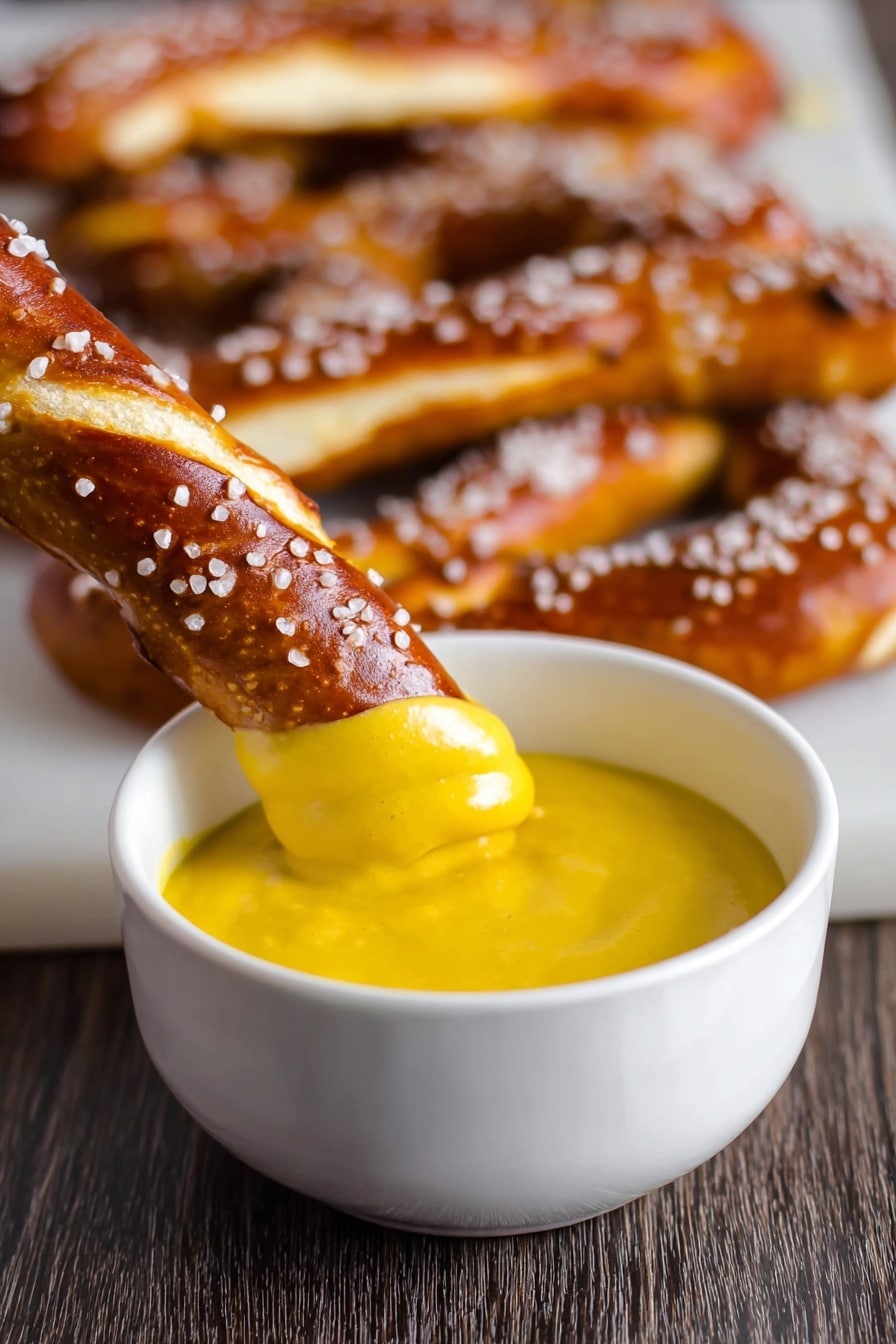 German Soft Pretzel Sticks Recipe 8 A close-up image shows a golden brown pretzel stick dipped partly into a white bowl filled with bright yellow mustard sauce. The pretzel stick has a shiny, smooth surface with coarse white salt sprinkled on top. In the background, several more pretzel sticks with the same color and salt texture are laid out on a white marbled surface, slightly out of focus. The white bowl is placed on a dark wood-textured table. photo taken with an iphone --ar 2:3 --v 7 - German Soft Pretzel Sticks, authentic pretzel recipe, homemade pretzels, soft pretzel sticks baking, German pretzel snacks