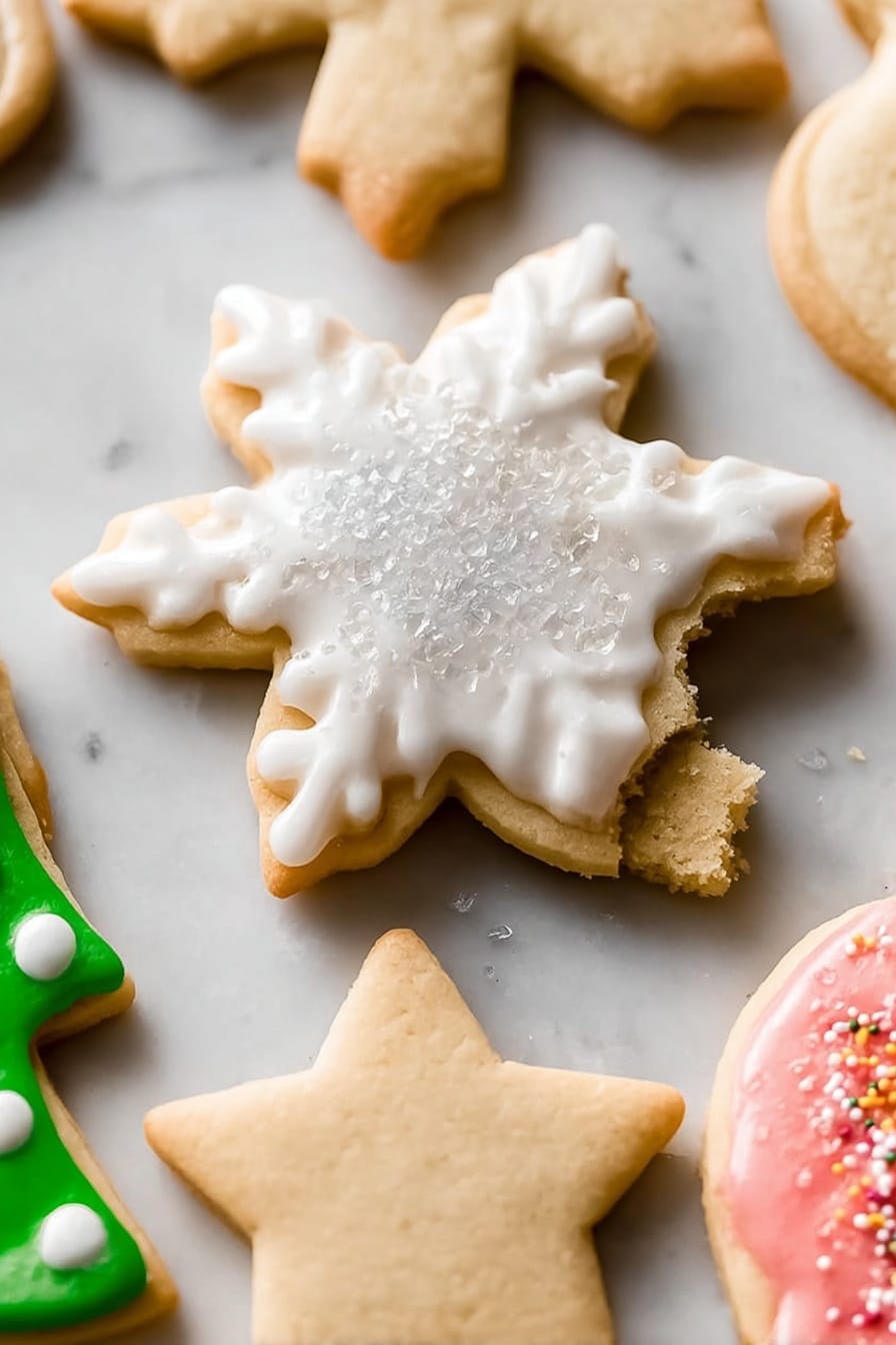 Christmas Sugar Cookies with Easy Icing Recipe 8 A stack of star-shaped cookies is shown on a white marbled surface. The top cookie is decorated with smooth white icing covering the entire top surface, sprinkled with tiny silver sugar crystals that sparkle gently. Below it, there are several plain cookies without icing, their golden-brown edges visible, creating a layered effect of five or six cookies stacked unevenly. The background is softly blurred, highlighting the texture of the cookies and the shine of the sugar sprinkles on top. photo taken with an iphone --ar 2:3 --v 7 - Christmas Sugar Cookies with Easy Icing, holiday sugar cookies, festive Christmas cookies, easy holiday cookie recipe, buttery Christmas cookies