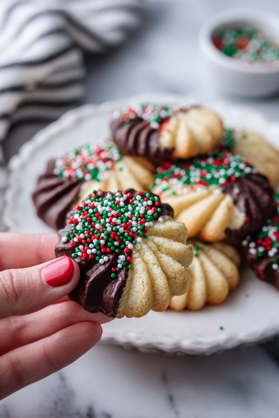 Danish Butter Cookies with Chocolate Chrome Recipe 8 The image shows a cookie with three steps: first, a woman's hand dipping a beige, swirled cookie halfway into a bowl of smooth, dark brown chocolate; second, the cookie resting on white parchment paper on a baking tray, with the bottom half covered in glossy chocolate; third, the same cookie topped with small round sprinkles in red, white, and green colors on the chocolate-covered part, all set against a white marbled surface background. photo taken with an iphone --ar 2:3 --v 7 - Danish Butter Cookies with Chocolate Chrome, Danish butter cookies, chocolate coated cookies, festive holiday cookies, easy Danish cookie recipe