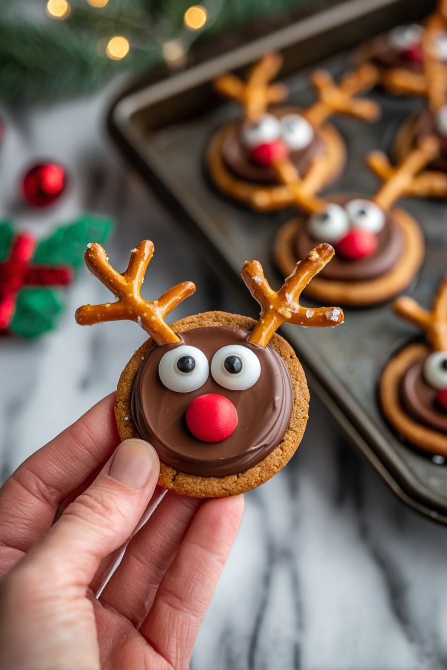 Peanut Butter Reindeer Cookies Recipe 8 The image shows a round black tray with a clear plastic lid containing 15 small reindeer-themed cookies arranged neatly in rows. Each cookie has a light brown base with a slightly rough texture, topped with two small white candy eyes, a red round candy nose, and two brown pretzel stick antlers. The cookies are set on a white marbled surface, with a festive red sign and a gingerbread house decoration in the background. The sign has white text and holiday designs, adding a warm Christmas feel to the scene. Photo taken with an iphone --ar 2:3 --v 7 - Peanut Butter Reindeer Cookies, festive holiday cookies, easy Christmas treat, adorable reindeer cookies, peanut butter cookie recipe