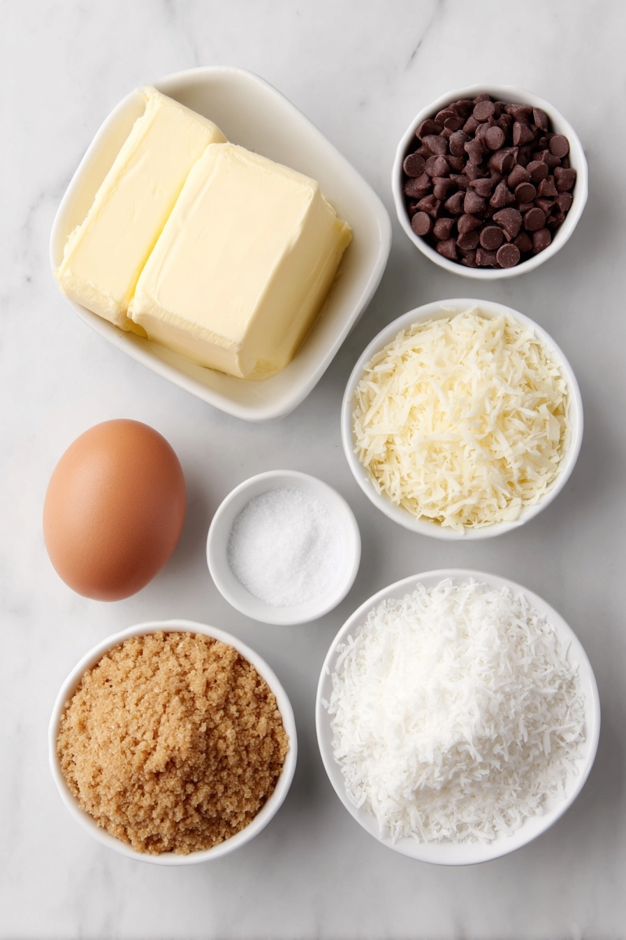 No-Bake Coconut Chocolate Balls Recipe 7 Flat lay of a small white ceramic bowl filled with softened unsalted butter, a whole unopened can of sweetened condensed milk beside it, a small white ceramic bowl holding golden graham cracker crumbs, a neat pile of sweetened shredded coconut, a small white ceramic bowl of mini chocolate chips, a small white ceramic bowl containing vanilla extract, a tiny heap of fine salt, and one whole uncracked brown egg placed decoratively, all arranged with perfect symmetry and balanced proportions, placed on a clean white marble surface, soft natural light, photo taken with an iPhone, professional food photography style, fresh ingredients, white ceramic bowls, no bottles, no duplicates, no utensils, no packaging --ar 2:3 --v 7 --p m7354615311229779997 - No-Bake Coconut Chocolate Balls, coconut chocolate balls, no-bake dessert, quick chocolate treat, easy coconut treats