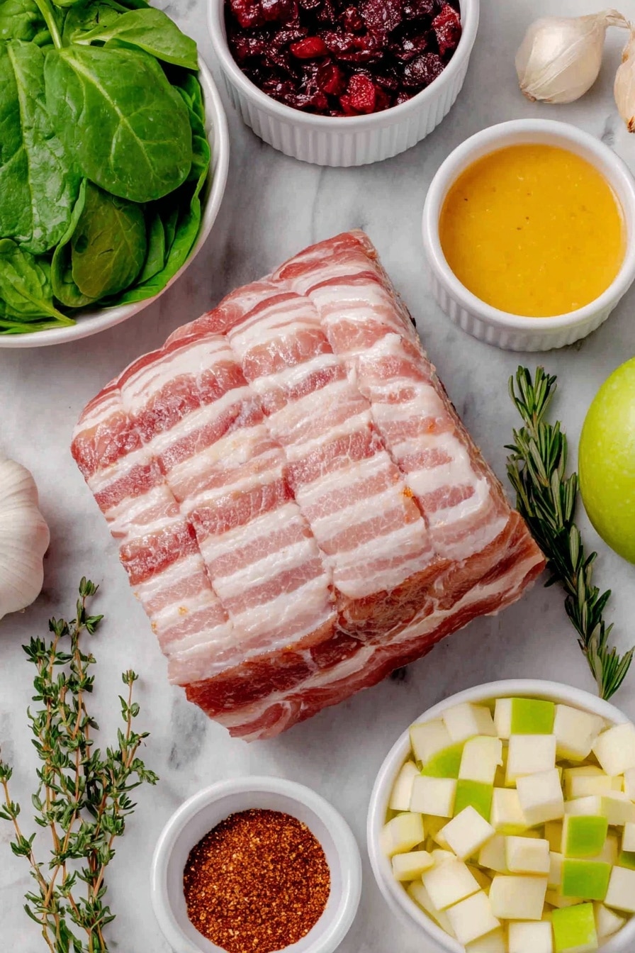 Apple Bacon Stuffed Pork Loin Roll Recipe 7 Flat lay of fresh center cut pork loin, diced smoked bacon slices, a whole peeled small apple diced into cubes, fresh baby spinach leaves, a whole large shallot diced, whole garlic cloves unpeeled, a few dried cranberries scattered, small white ceramic bowls with maple syrup and Dijon mustard, fresh sprigs of thyme and rosemary, small white bowls containing sea salt, ground black pepper, smoked paprika, all placed on a clean white marble surface, soft natural light, photo taken with an iPhone, professional food photography style, fresh ingredients, white ceramic bowls, no bottles, no duplicates, no utensils, no packaging --ar 2:3 --v 7 --p m7354615311229779997 - Apple Bacon Stuffed Pork Loin, pork loin roll with apples and bacon, savory stuffed pork recipes, holiday pork main dish, easy pork loin roll ideas