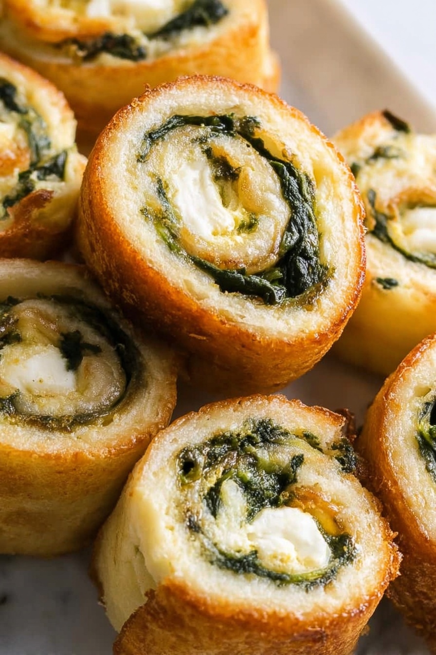 Spinach Dip Pinwheels Recipe 8 This close-up image shows a pile of spiral rolls with three main layers visible in each piece. The outer layer is light golden brown with a slightly crispy texture, wrapping around a creamy white middle layer that looks soft and smooth. Inside this creamy layer, there is a dark green leafy layer, possibly spinach, arranged in a spiral forming the innermost part of each roll. The rolls are stacked closely together on a white marbled surface. The lighting highlights the varying textures from crispy edges to creamy filling. photo taken with an iphone --ar 2:3 --v 7 - Spinach Dip Pinwheels, spinach puff pastry appetizer, cheesy spinach bites, easy party appetizers, flaky spinach snack