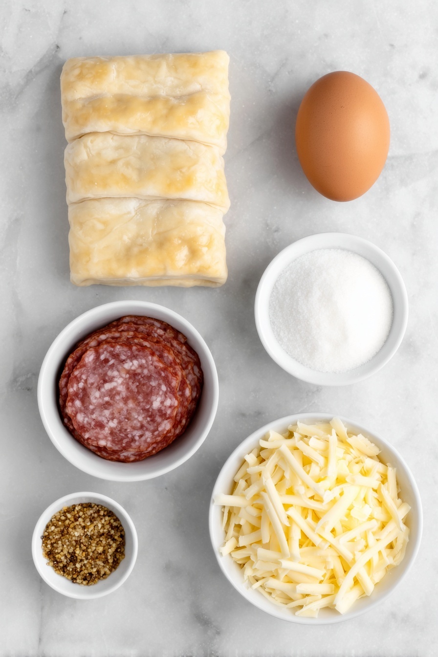 Salami and Cheese Pinwheels Recipe 7 Flat lay of two sheets of pale golden puff pastry, a small white bowl of coarse ground mustard with visible mustard seeds, a small mound of chopped hard salami with deep red and white marbling, a neat pile of grated Colby Jack cheese with creamy yellow and white tones, one whole clean-shelled brown egg, and a small white bowl of clear water placed on a clean white marble surface, soft natural light, photo taken with an iPhone, professional food photography style, fresh ingredients, white ceramic bowls, no bottles, no duplicates, no utensils, no packaging --ar 2:3 --v 7 --p m7354615311229779997 - Salami and Cheese Pinwheels, savory snack ideas, party appetizer recipes, puff pastry pinwheels, quick appetizer recipes