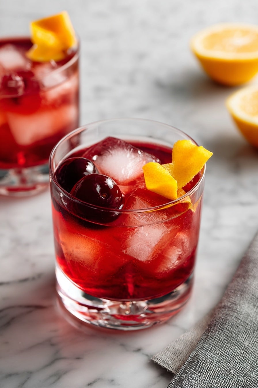Holiday Rum Negroni with Sparkling Wine Recipe 8 A clear glass filled with a bright red drink sits on a white marbled surface. Inside the glass, large ice cubes float near the top, and there is a twist of orange peel curled above a dark cherry resting on the ice. The glass has a thick base with vertical cuts around it, giving it a textured look. In the background, there is a second similar glass with the same drink slightly out of focus and a white bowl with cherries on the right side. A soft grey cloth is placed on the left side of the marble surface. The background is plain and bright. photo taken with an iphone --ar 2:3 --v 7 - Holiday Rum Negroni with Sparkling Wine, festive cocktail recipes, holiday drinks, sparkling wine cocktails, winter cocktail ideas