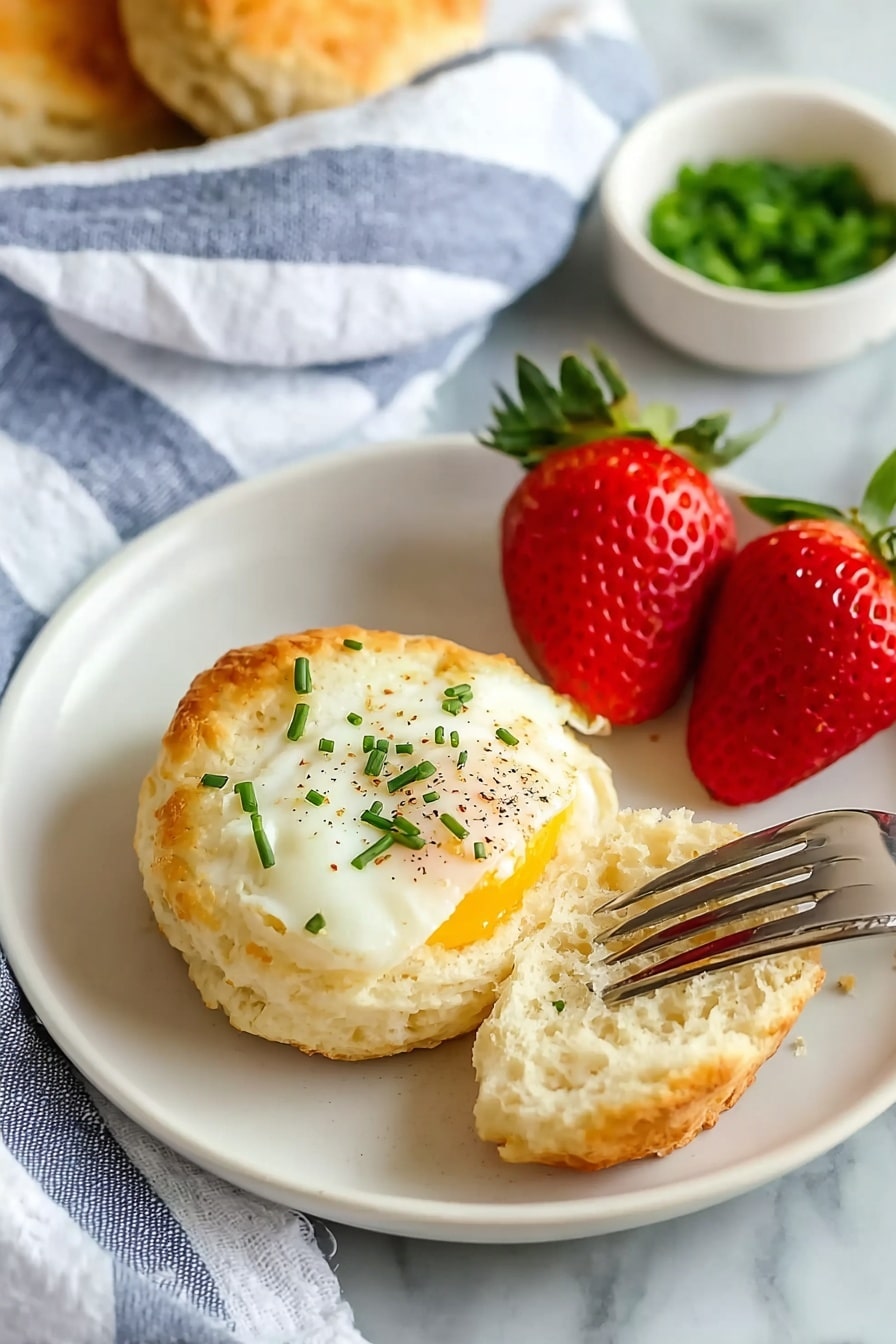 The image shows a white plate with a biscuit split open, its soft inside visible and golden-brown outside. There is a fried egg with a slightly browned edge on one side of the biscuit, topped with finely chopped green chives and black pepper. Next to the biscuit and egg are two large, fresh strawberries with green leaves. A silver fork is placed near the egg. The plate rests on a white marbled surface, with a blue and white striped cloth in the background and a small white bowl with green chives blurred in the back. Photo taken with an iphone --ar 2:3 --v 7 - Baked French Eggs with Parmesan, baked eggs with Parmesan, French eggs brunch, cheesy baked eggs, easy breakfast egg dish
