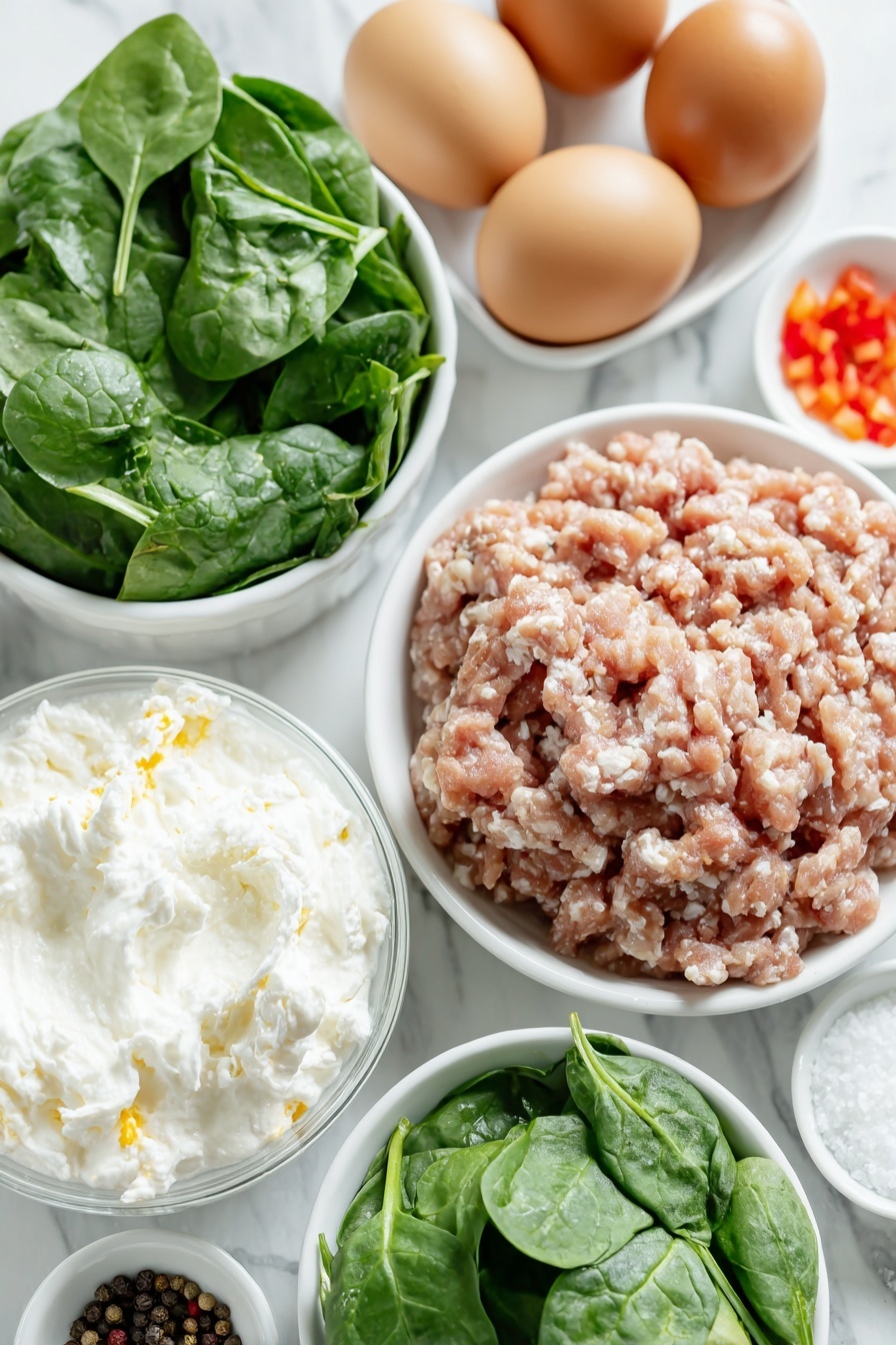 Baked Egg Cups with Sausage and Spinach Recipe 7 Flat lay of five whole uncracked brown eggs, a small white ceramic bowl of creamy unsweetened almond milk, a small white ceramic bowl filled with raw ground pork sausage, a small white ceramic bowl holding fresh ripped spinach leaves, a small white ceramic bowl with finely diced red bell pepper, a small white ceramic bowl of kosher salt crystals, and a small white ceramic bowl of whole black peppercorns placed on a clean white marble surface, soft natural light, photo taken with an iPhone, professional food photography style, fresh ingredients, white ceramic bowls, no bottles, no duplicates, no utensils, no packaging --ar 2:3 --v 7 --p m7354615311229779997 - Baked Egg Cups with Sausage and Spinach, Egg Cups with Sausage and Spinach, Healthy Breakfast Egg Bites, Protein-Packed Egg Muffins, Easy Make-Ahead Breakfast