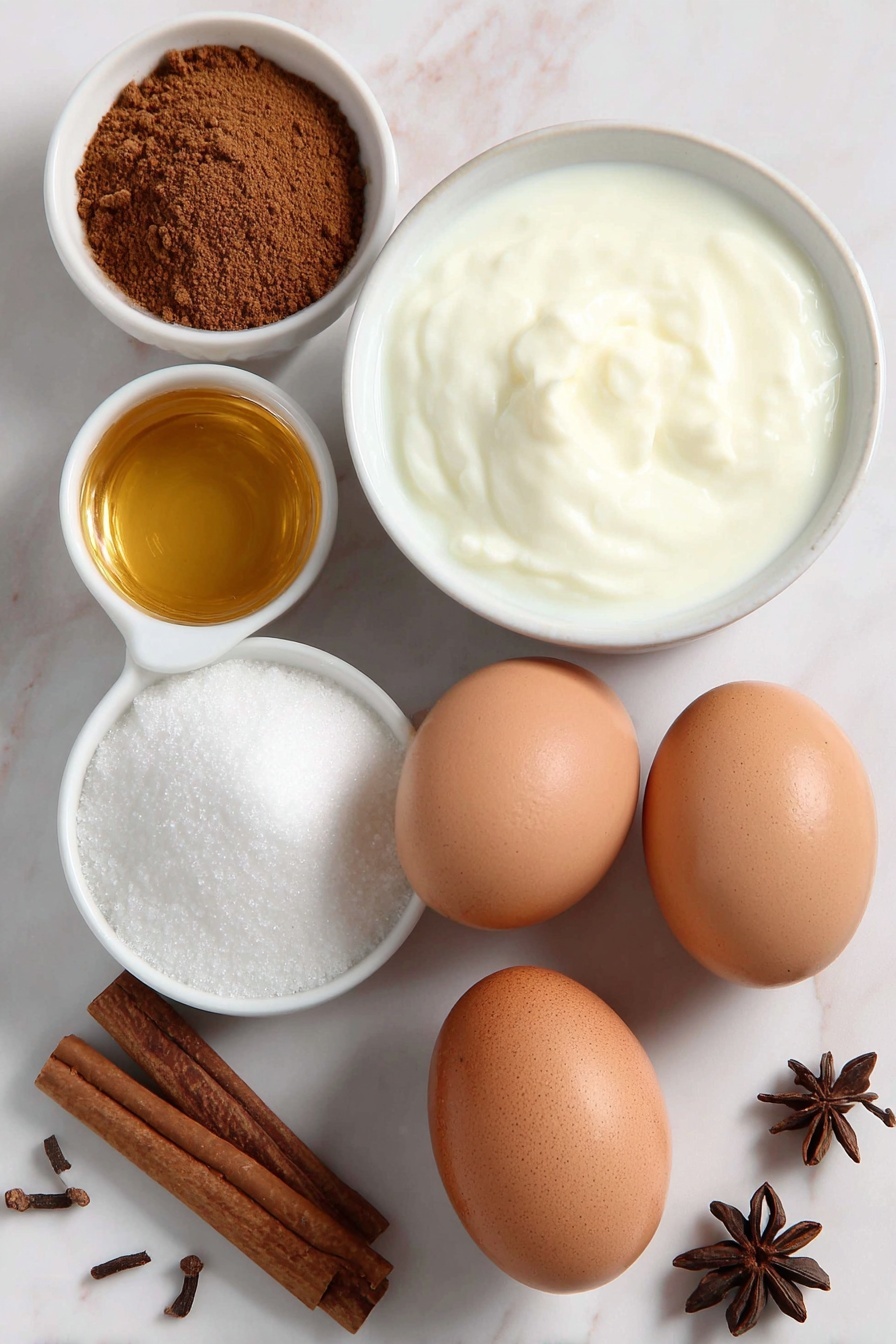 Homemade Eggnog Recipe 7 Flat lay of two whole brown eggs with clean shells, a small white ceramic bowl of granulated sugar, a small white ceramic bowl of whole milk, a small white ceramic bowl of heavy cream, a small white ceramic bowl of ground cinnamon with a cinnamon stick beside it, a small white ceramic bowl of ground nutmeg, three whole cloves scattered naturally, and a small white ceramic bowl of golden spiced rum, placed symmetrically on a clean white marble surface, soft natural light, photo taken with an iPhone, professional food photography style, fresh ingredients, white ceramic bowls, no bottles, no duplicates, no utensils, no packaging --ar 2:3 --v 7 --p m7354615311229779997 - Homemade Eggnog, holiday eggnog, how to make eggnog from scratch, creamy holiday drinks, homemade festive beverages