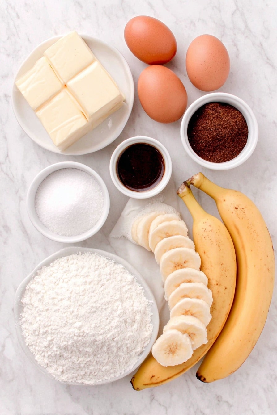 Cinnamon Banana Bread with Swirl Recipe 7 Flat lay of a few sticks of unsalted butter, a small white bowl of granulated sugar, two whole brown eggs with clean shells, a small white bowl of vanilla extract, a small mound of all-purpose flour on a white ceramic plate, a small white bowl of baking soda, three ripe whole bananas with a peeled half showing soft flesh, a small white bowl with a mixture of dark brown sugar and ground cinnamon, six thin slices of ripe banana arranged neatly on a white ceramic plate, placed on a clean white marble surface, soft natural light, photo taken with an iPhone, professional food photography style, fresh ingredients, white ceramic bowls, no bottles, no duplicates, no utensils, no packaging --ar 2:3 --v 7 --p m7354615311229779997 - Cinnamon Banana Bread with Swirl, banana bread with cinnamon swirl, moist banana bread with cinnamon, easy cinnamon banana loaf, flavorful banana bread dessert