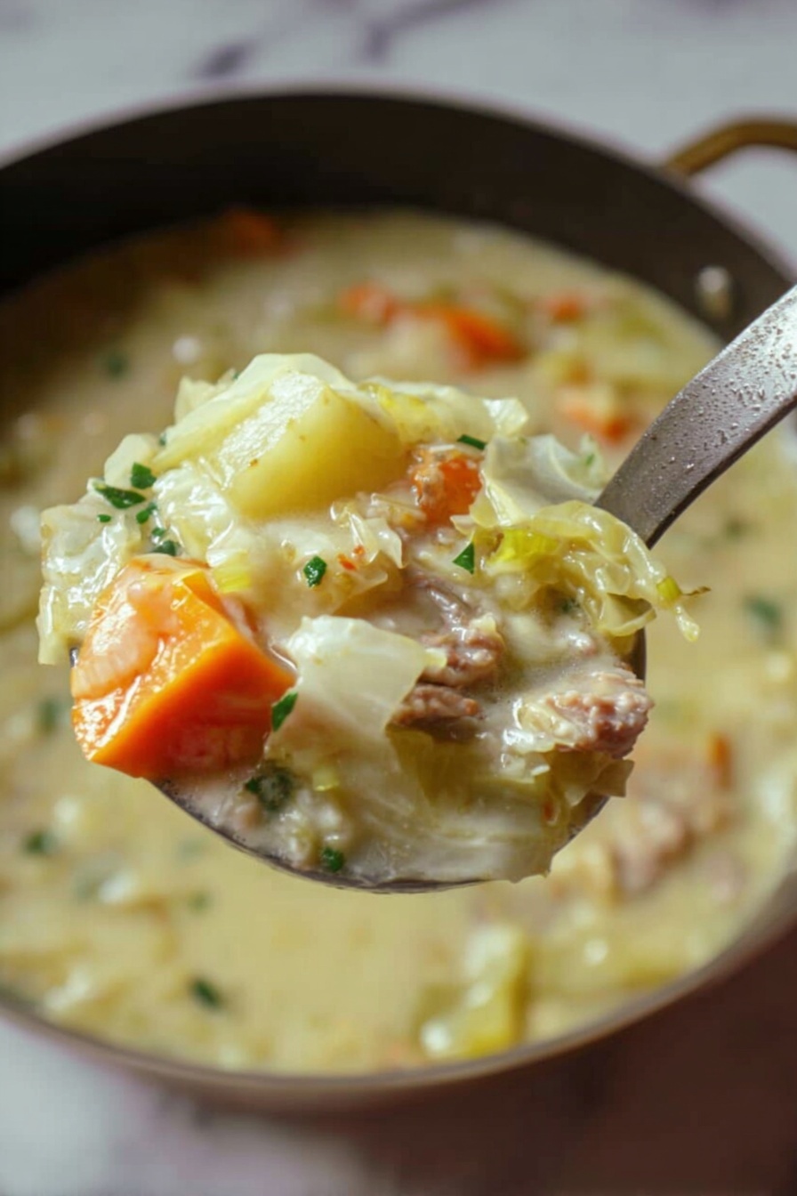 Hearty Scotch Broth with Lamb and Vegetables Recipe 8 The image shows a close-up of a metal ladle filled with a thick soup. The soup has a creamy texture with visible pieces of yellow cabbage, orange carrot slices, light chunks of meat, and some small bits of green herbs. The colors are soft and natural, with the vegetables sitting in a pale, creamy broth. The ladle is held just above a surface with a white marbled texture in the background. photo taken with an iphone --ar 2:3 --v 7 - Hearty Scotch Broth with Lamb and Vegetables, Scotch Broth recipe, lamb vegetable soup, traditional Scottish stew, nourishing lamb broth